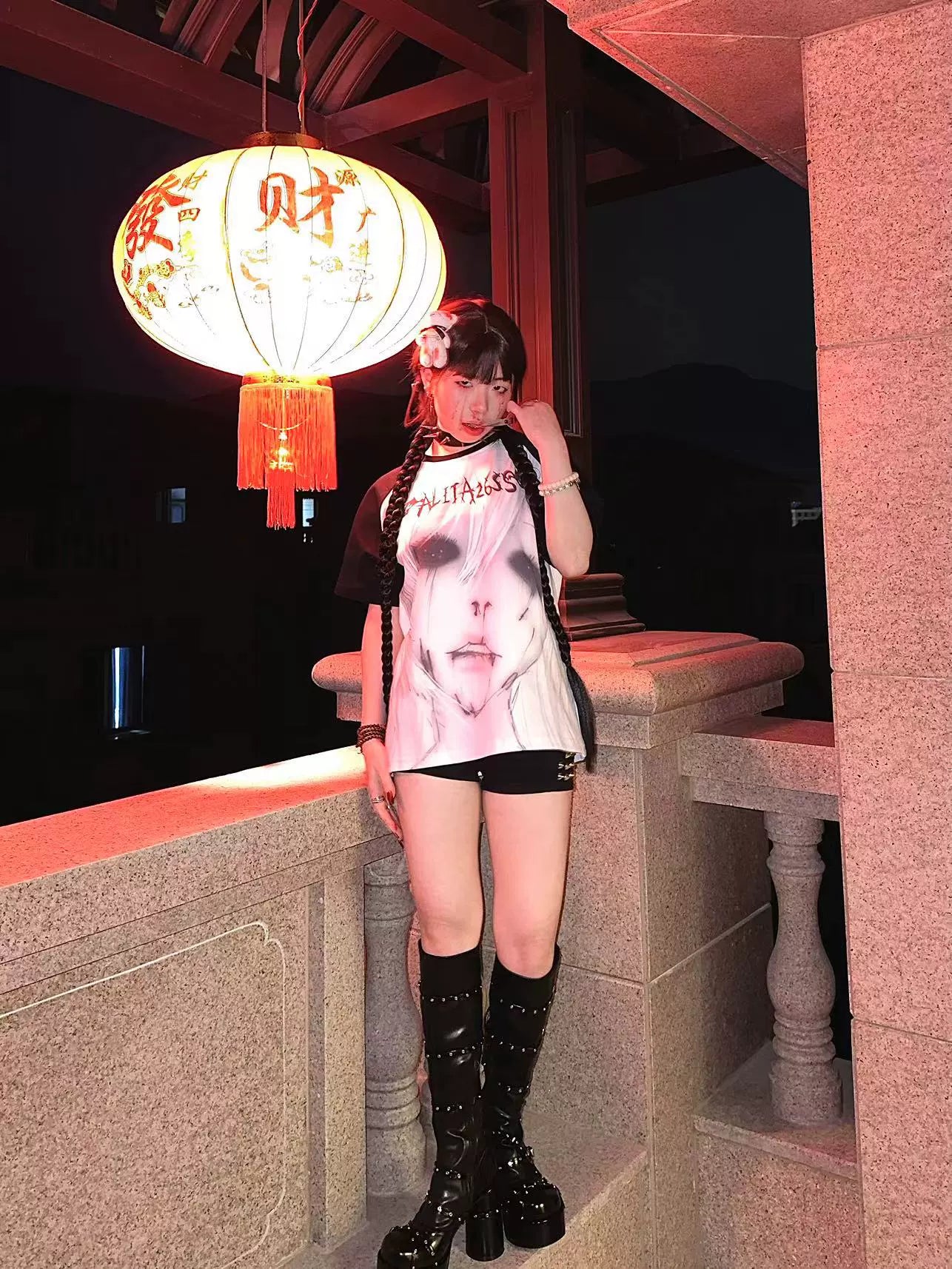 Jirai Kei T-shirt raglan sleeve design showing black contrast sleeves and detailed dark anime character print on white cotton