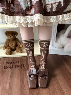 Jirai Kei mid-calf socks brown with vintage patterns paired with Mary Jane shoes and teddy bear motif skirt lifestyle photo