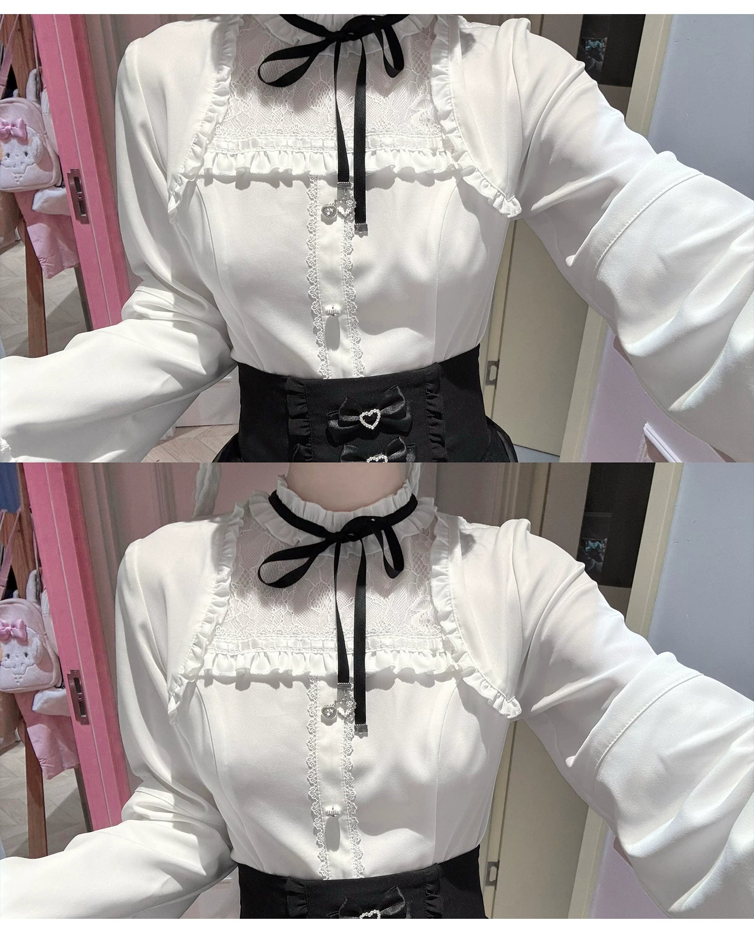 Close-up detail shot of jirai kei blouse showing black silk neck ribbon bow, pearl heart-shaped buttons, layered ruffles, and delicate lace yoke embellishment