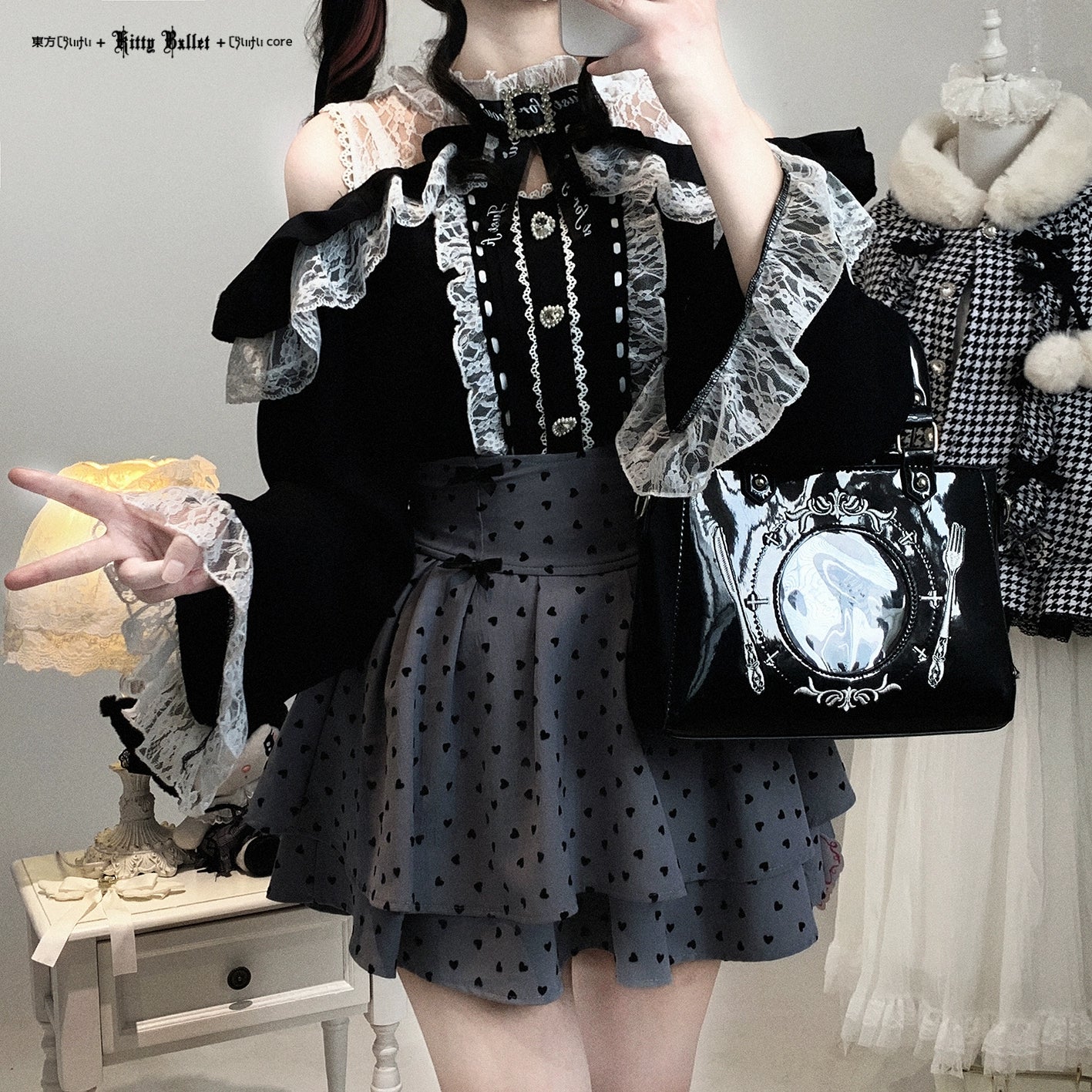 Black Lace Cold-Shoulder Jirai Kei Blouse Detail Shot - Close-Up Front Model View