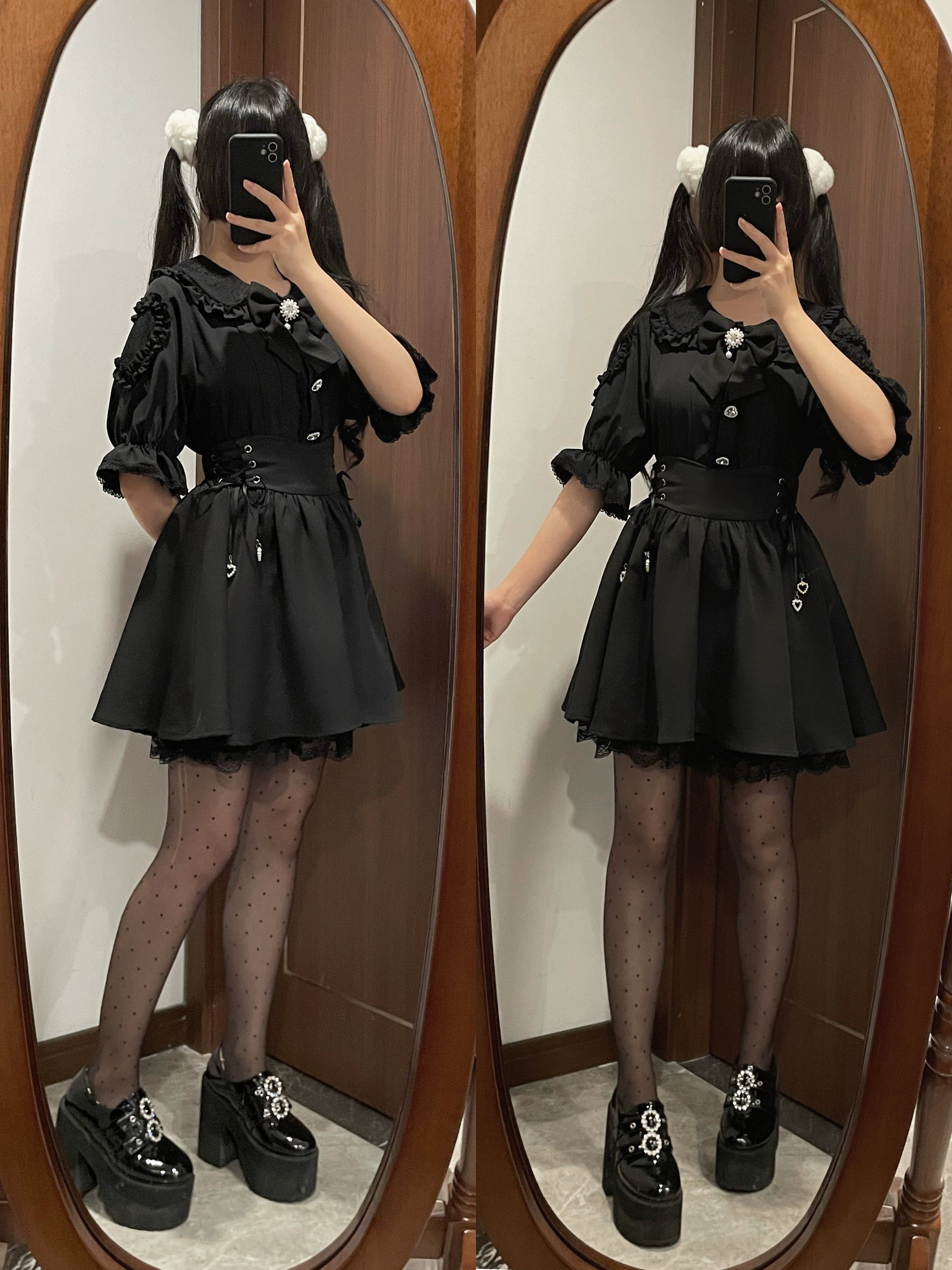 Jirai Kei blouse and skirt set size guide and measurement reference chart with detailed dimensions for XS through XL sizes including bust waist and length specifications in inches and centimeters