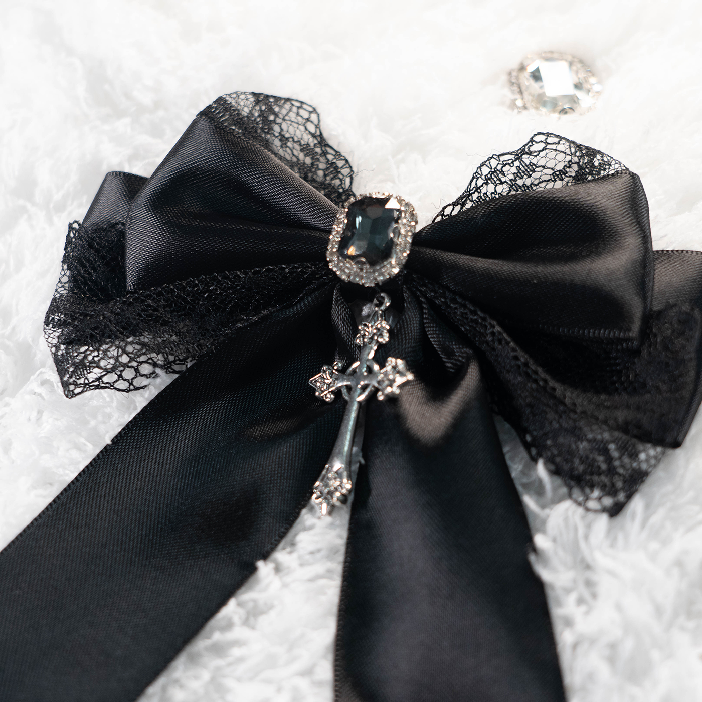 Black satin Jirai Kei bow brooch hair clip with refined lace trim square black crystal and hanging cross charm accessory