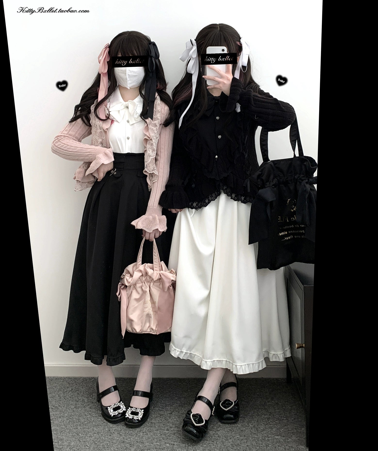Jirai Kei daily twin outfits showcasing pink and black white ruffled skirts with heart buckles worn with matching cardigans and hair ribbons