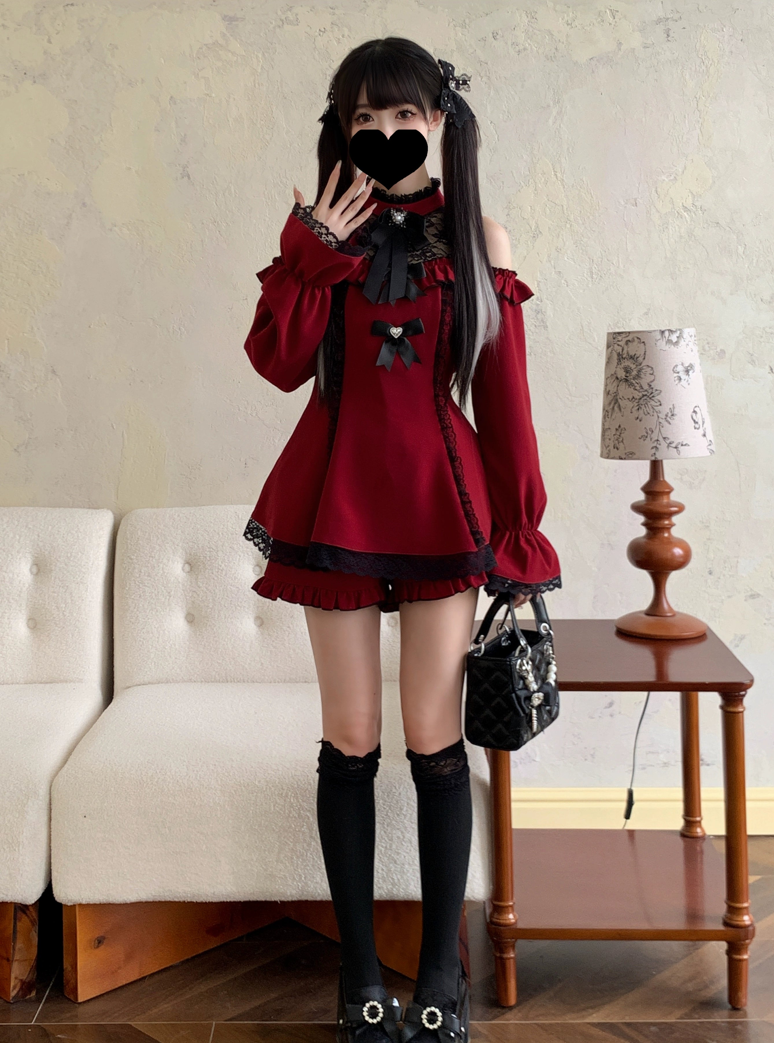 Complete Jirai Kei off-shoulder wine red dress shorts outfit with knee-high socks matching handbag full standing view
