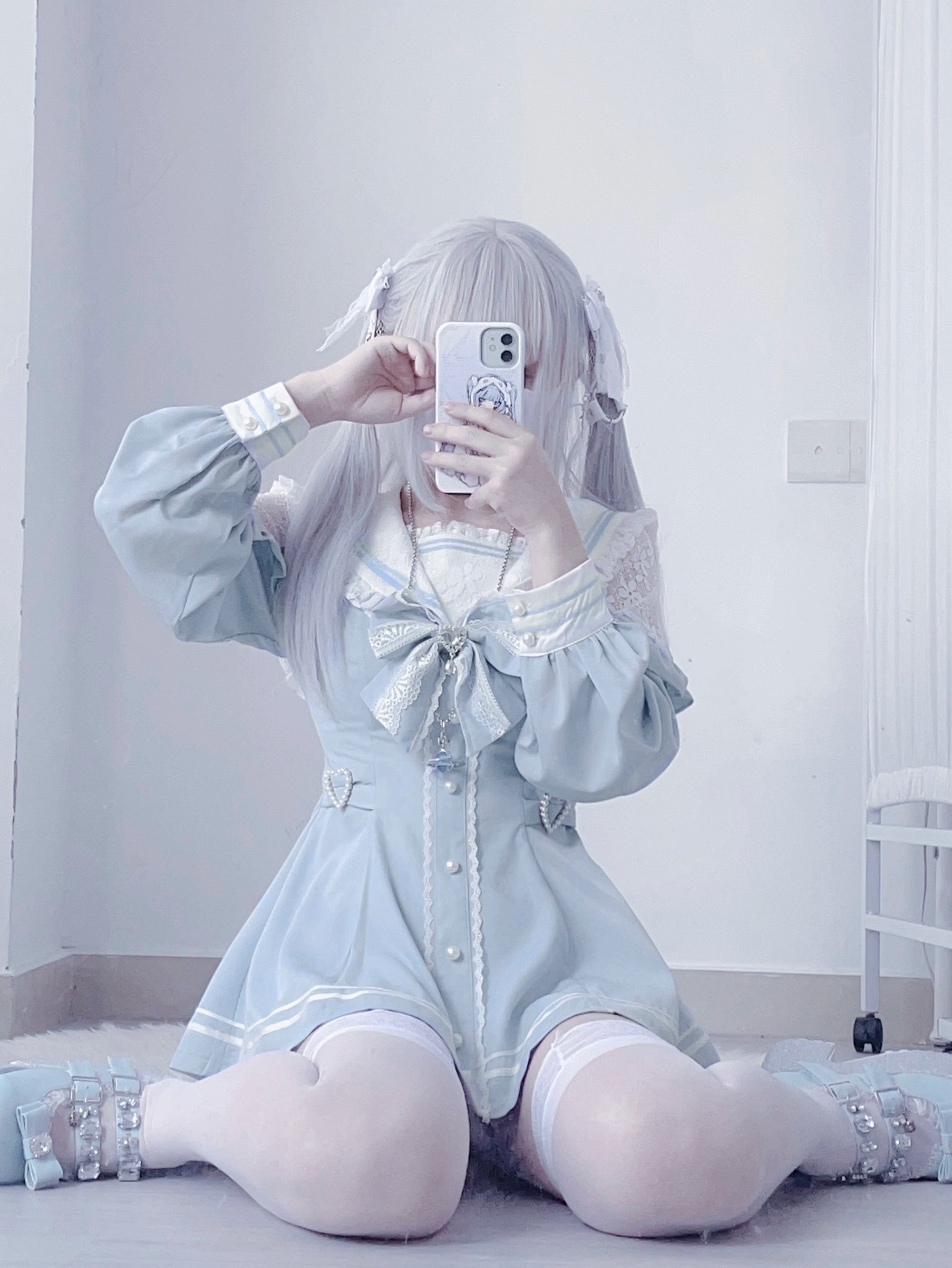 Sailor Jirai Kei dress set white sailor collar crisp detail close-up trim embellishment photography