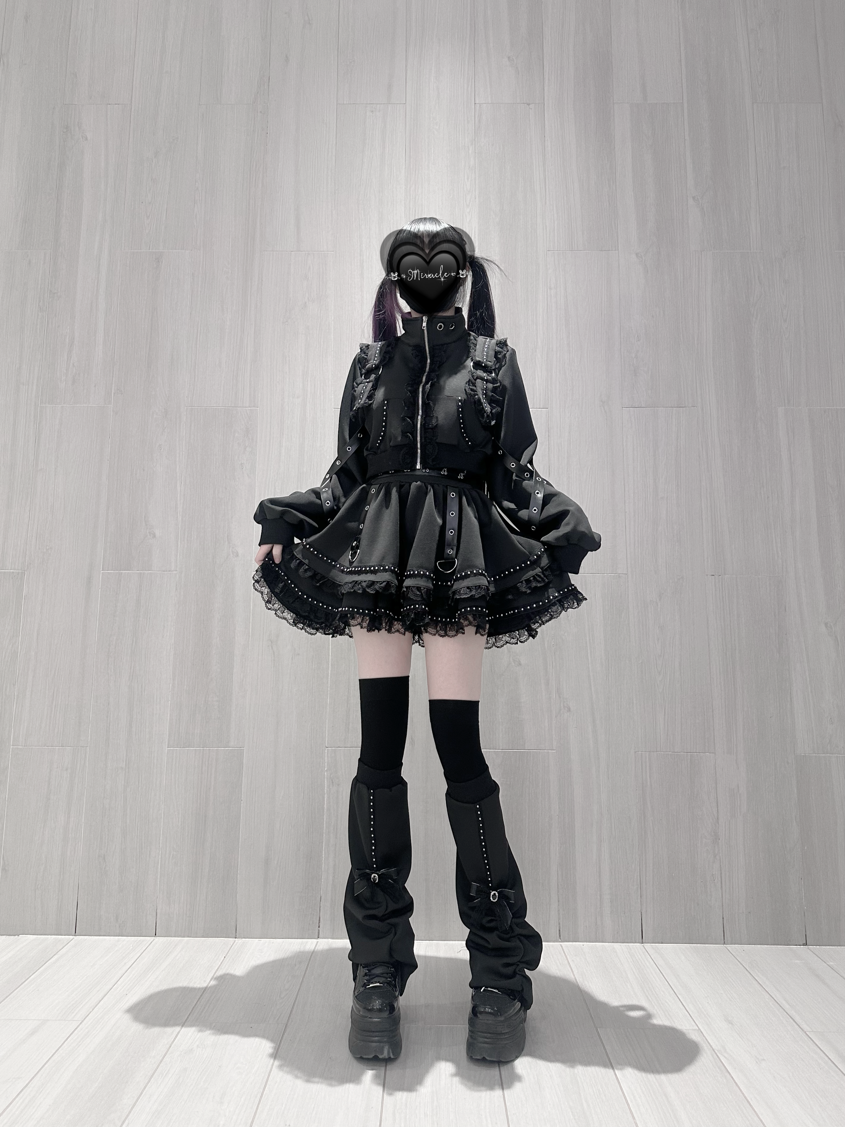 Complete Jirai Kei gothic outfit set full front view black punk coat ruffle hem skirt thigh-high socks platform boots minimalist studio background