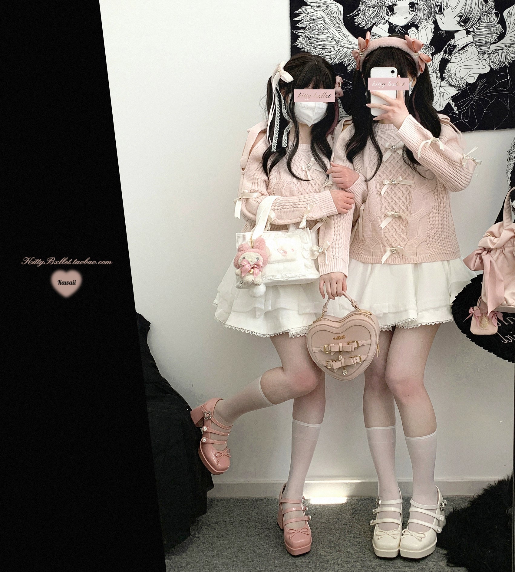 White double-layer tulle Jirai Kei skirt with rhinestone embellishments shown in side mirror selfie by two girls in pink knit Lolita outfits with bow hair ornaments and heart handbags