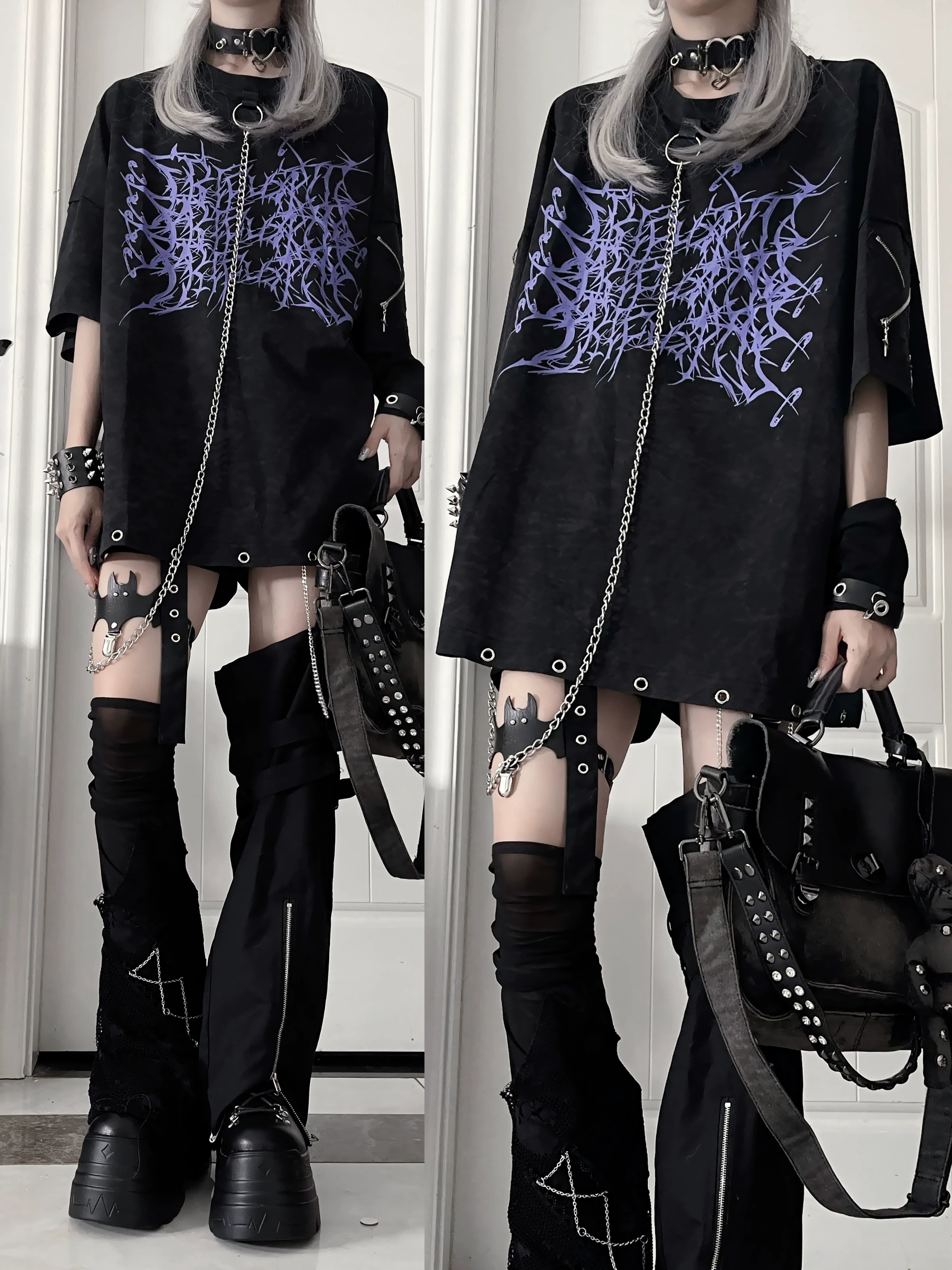 Dual full-body side-by-side view of Jirai Kei oversized t-shirt with purple thorn print, detachable chain and platform boots match