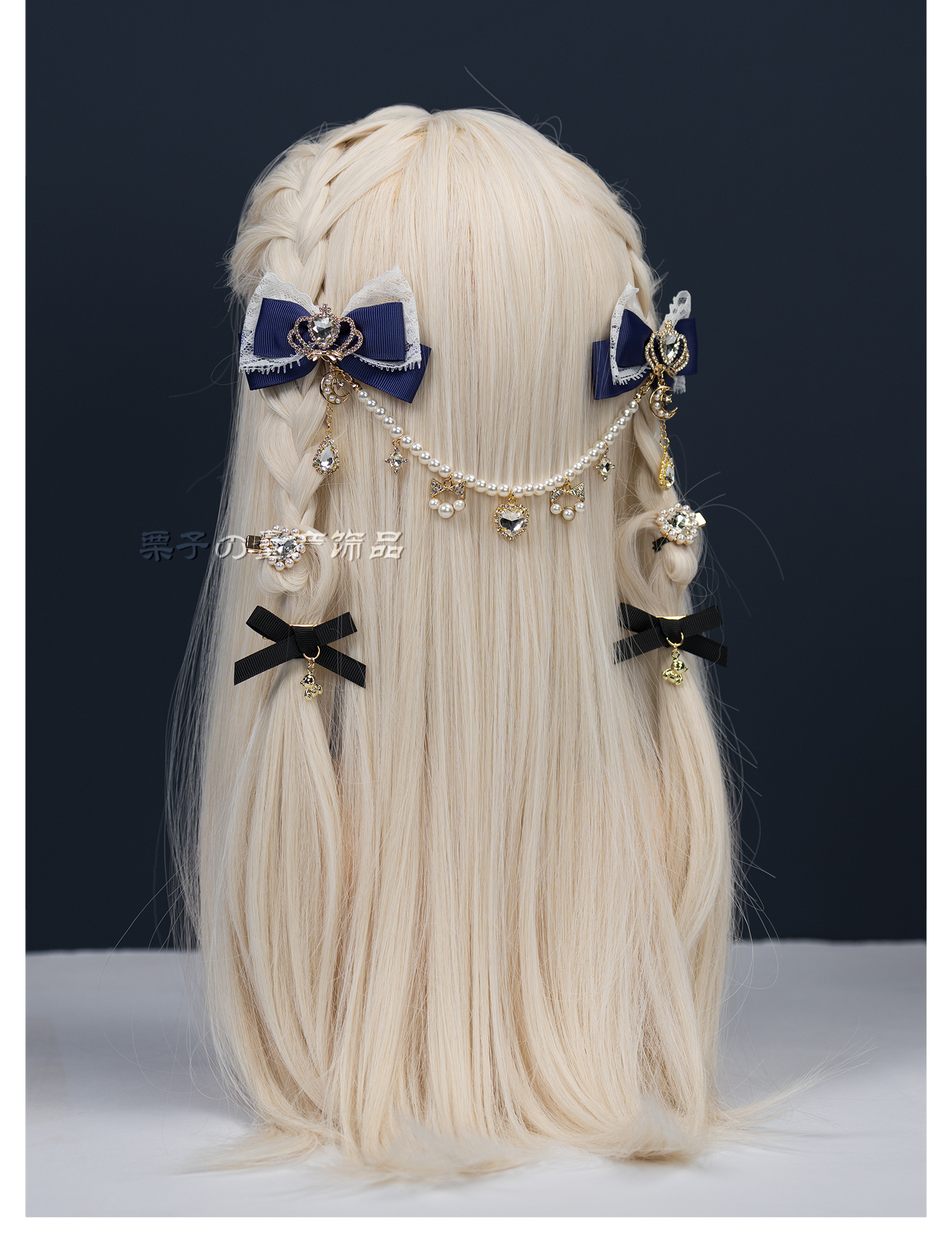 Jirai Kei navy blue bow hair clips pair with pearl chain accessory full set styling back view