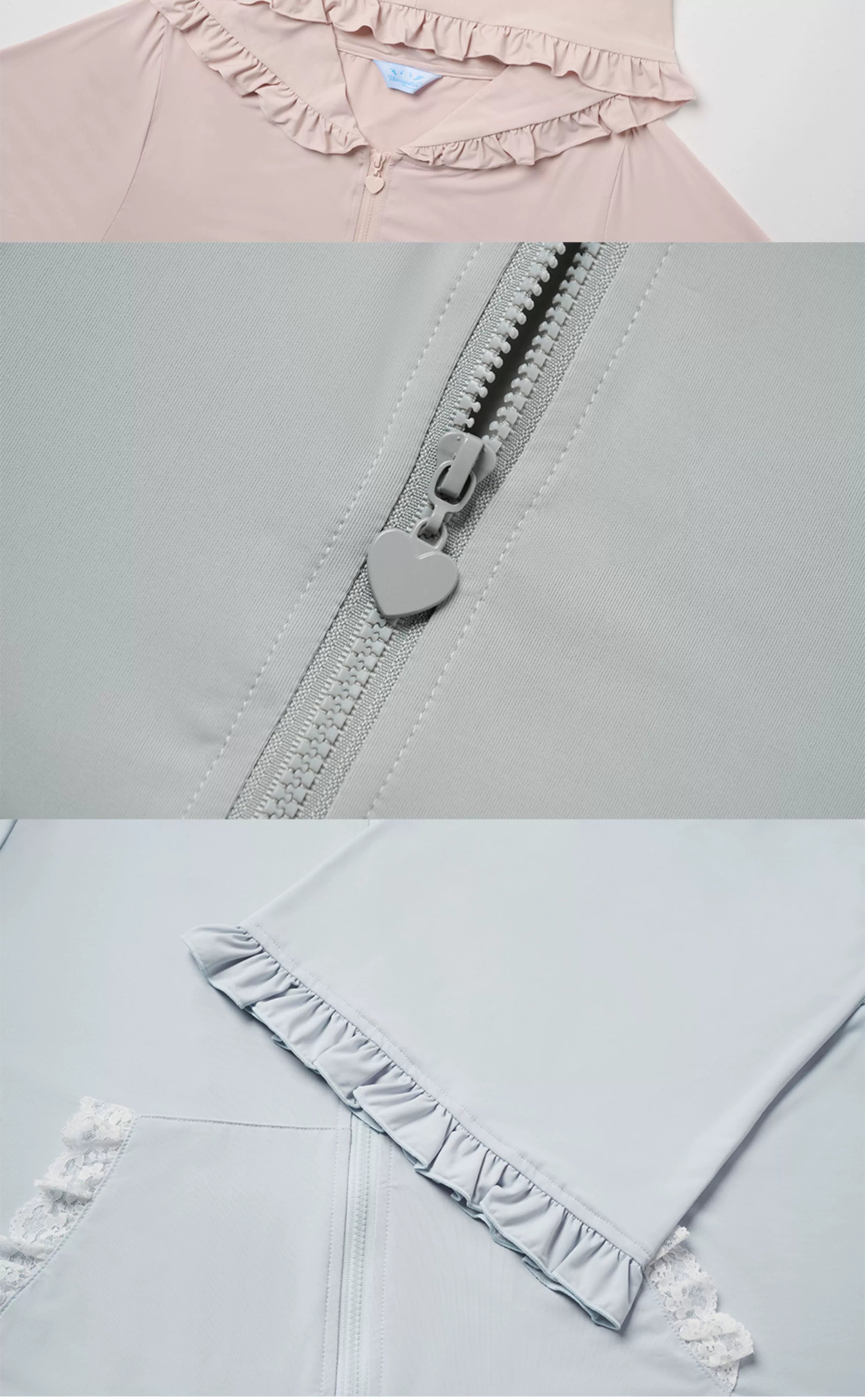 Cat ear hood design detail of Jirai Kei hoodie jacket showing ruffled trim, lace accents, and distinctive playful ear shape