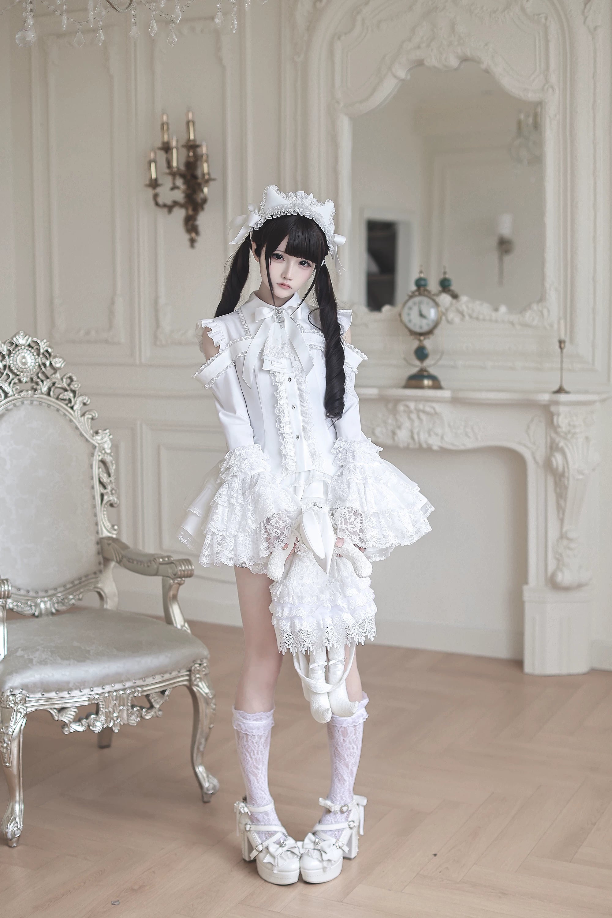 Hime sleeve blouse and tiered lace skirt complete two-piece jirai kei gothic lolita fashion ensemble modeling
