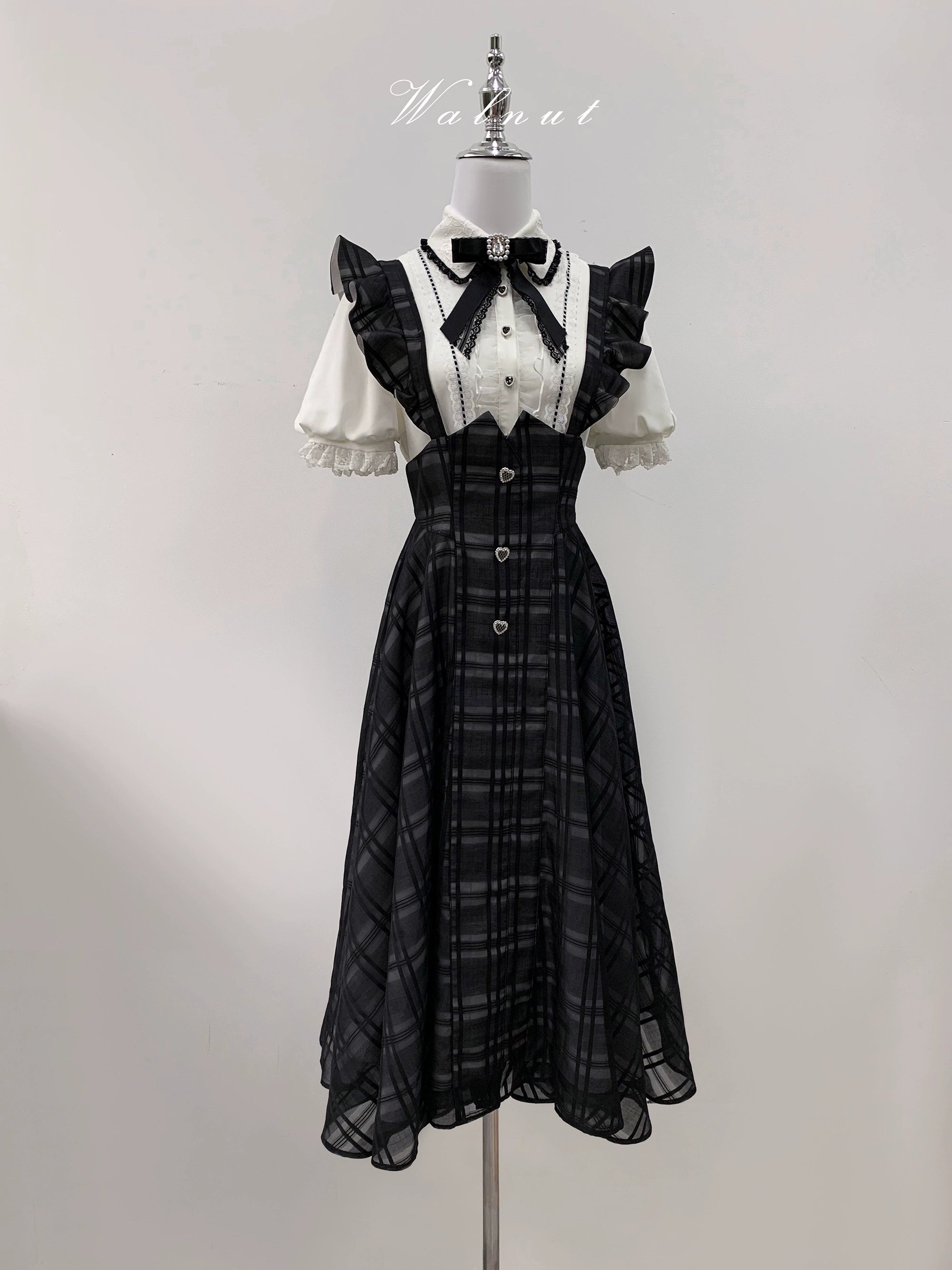 Black Plaid Jirai Kei Suspender Skirt, White Blouse - Image 19