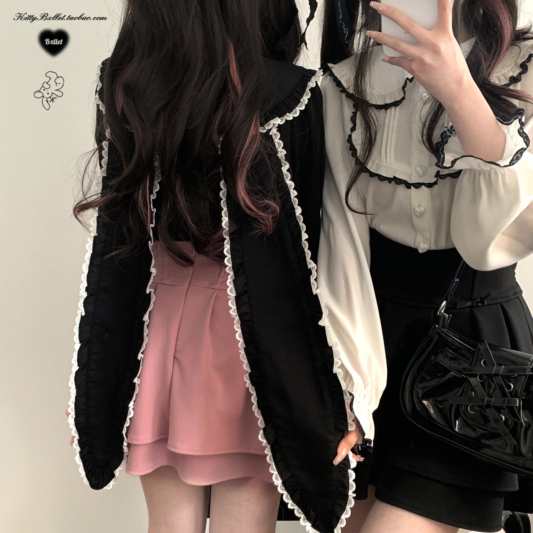Jirai Kei long sleeve blouse side back view lace cuff ruffled trim bunny ear detail close up