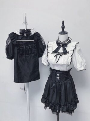 black-white-jirai-kei-blouse-high-waisted-skirt-coord-set-lace-details-front-flat-view