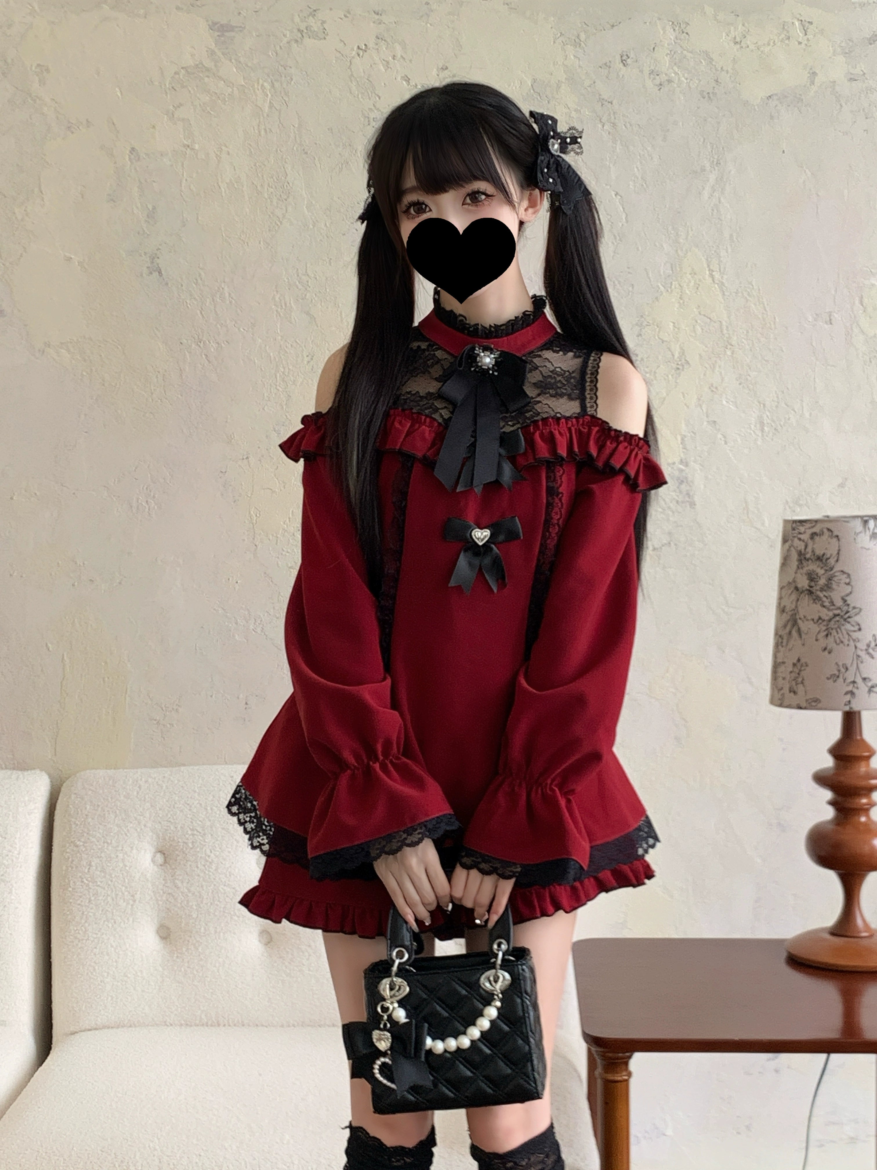 Wine red off-shoulder Jirai Kei dress shorts ensemble with lace neck panel heart bow ruffled cuffs full view