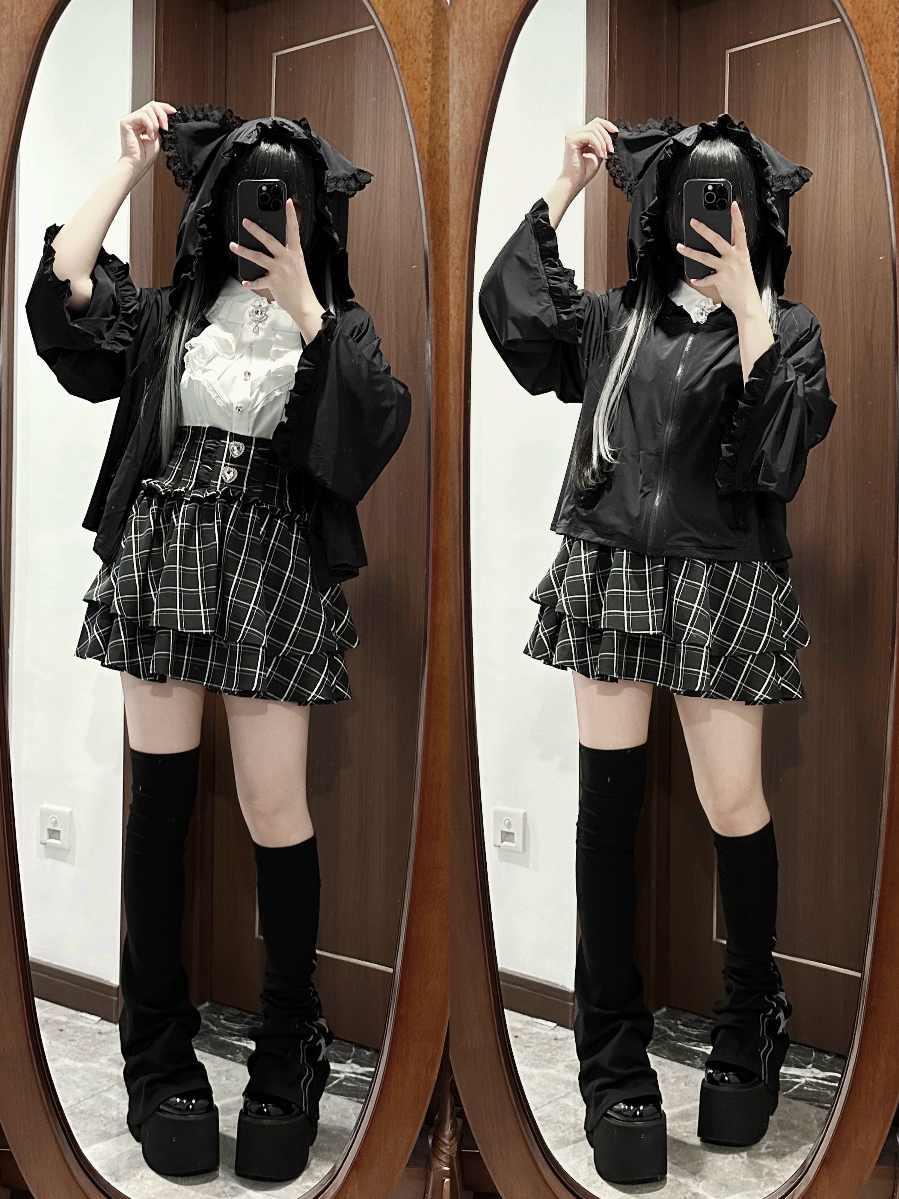Black Jirai Kei hooded jacket with bell sleeves and ruffled details, model wearing cat ear hood while standing in platform boots and plaid mini skirt, dual angle mirror selfies