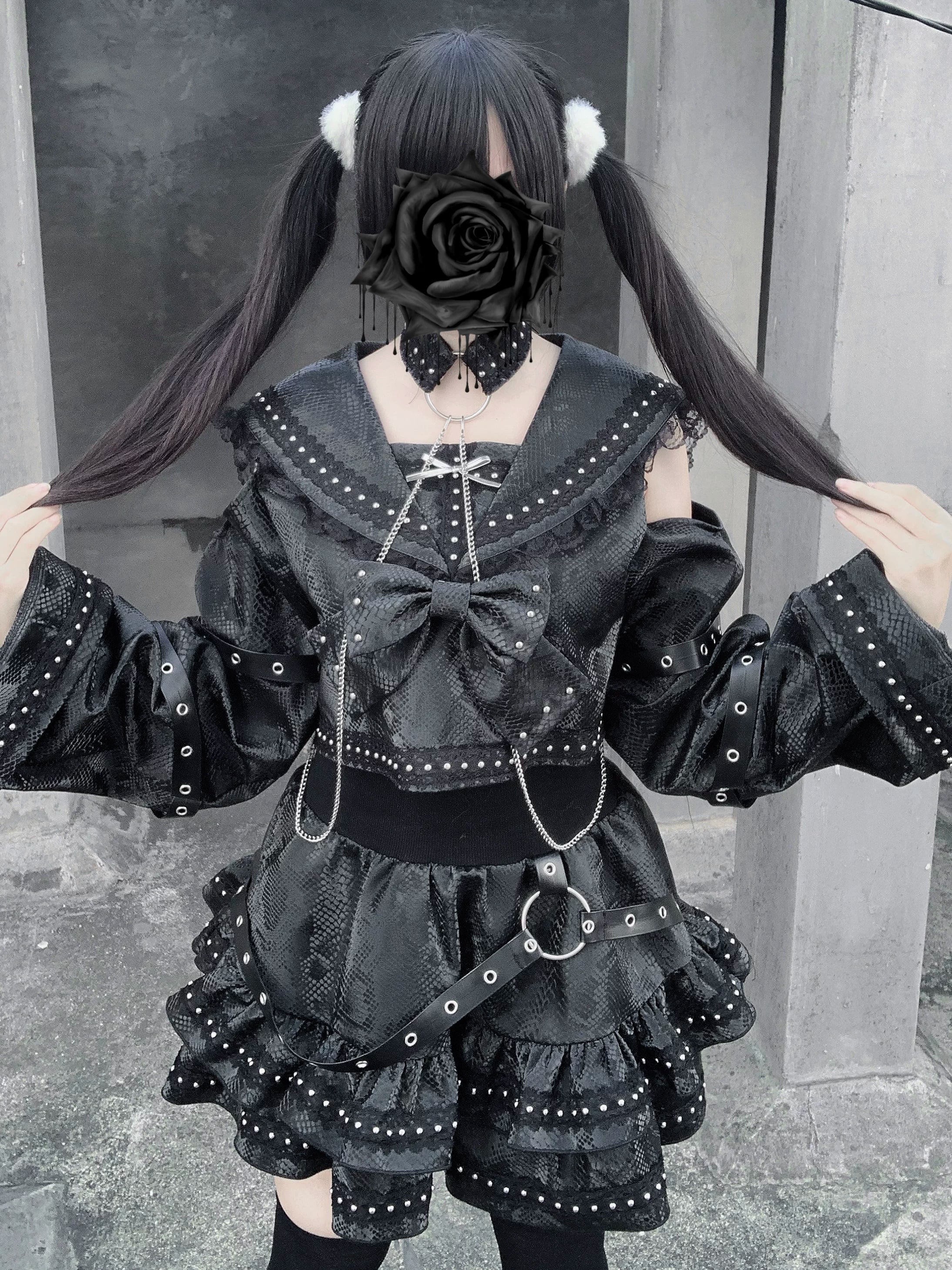Gothic black sailor outfit two-piece set front three-quarter angle on model with fur hair ornaments rose face cover and detailed trim accents