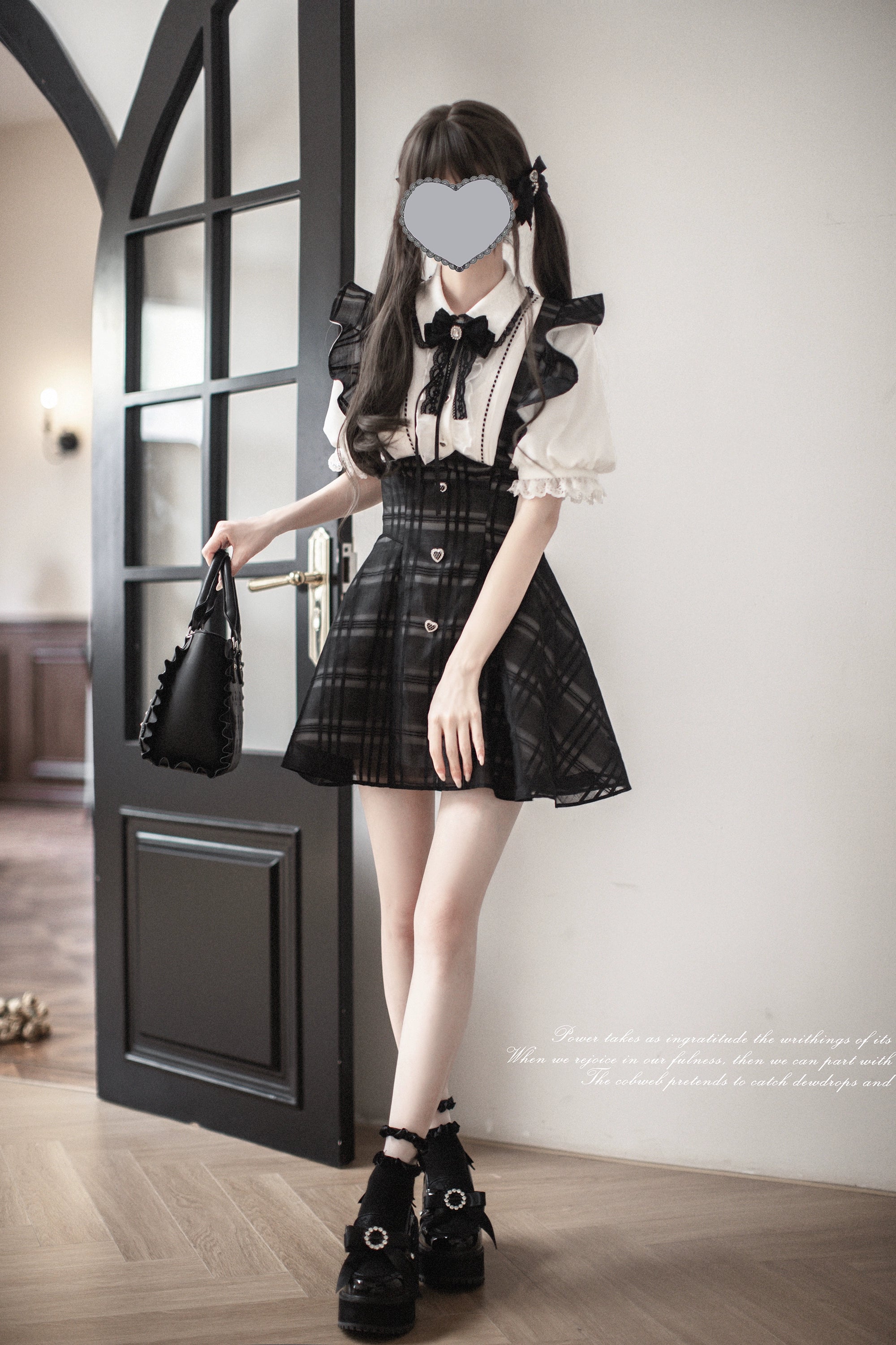 Black Plaid Jirai Kei Suspender Skirt, White Blouse - Image 15