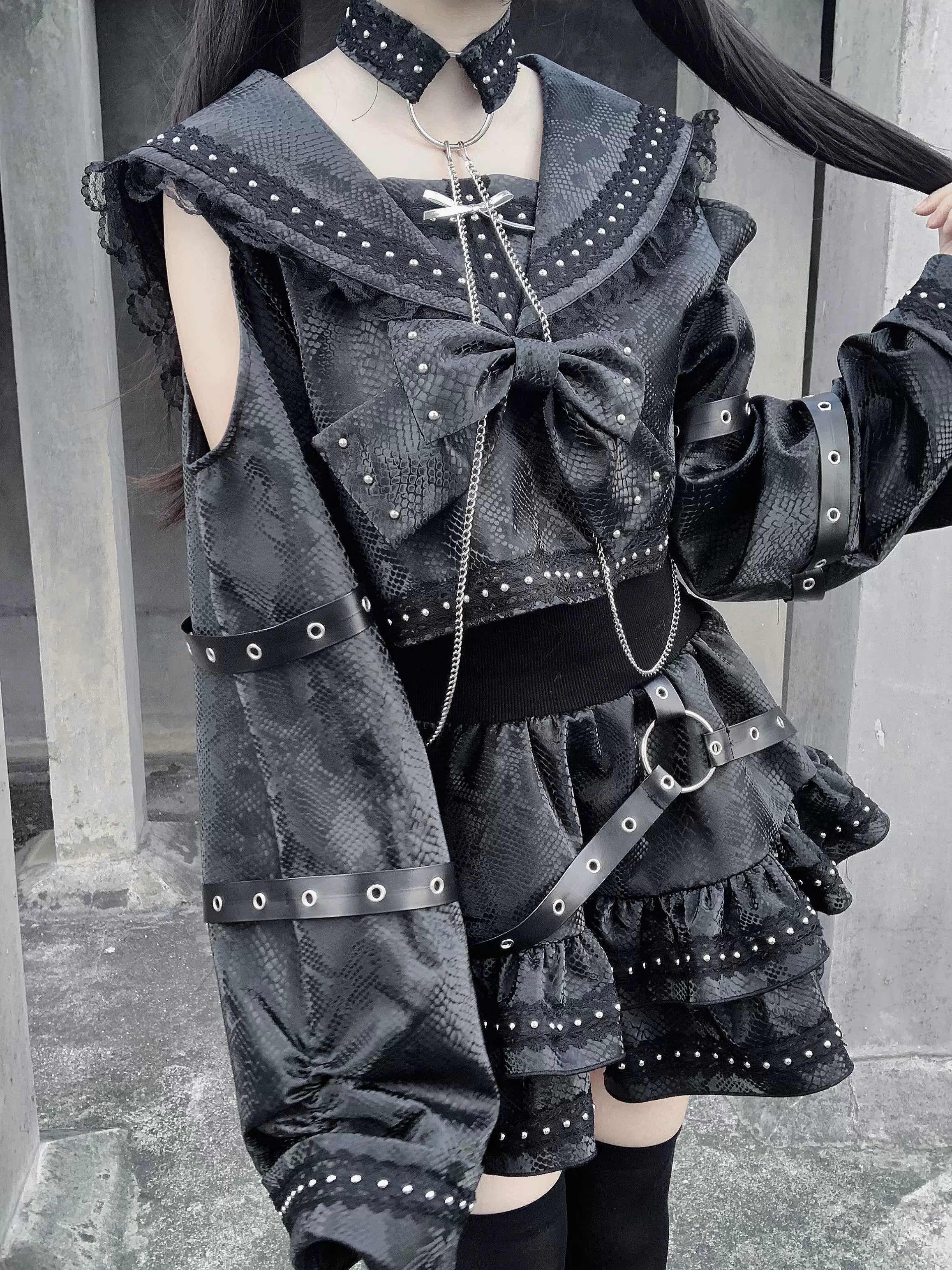 Gothic black sailor set with all accessories included choker bow components laid flat showing complete ensemble contents and details
