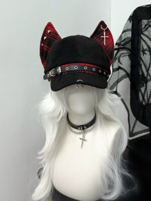 Punk plaid Doberman ear hat front view with black-red plaid pattern and cross pendant, featuring adjustable leather strap with grommets