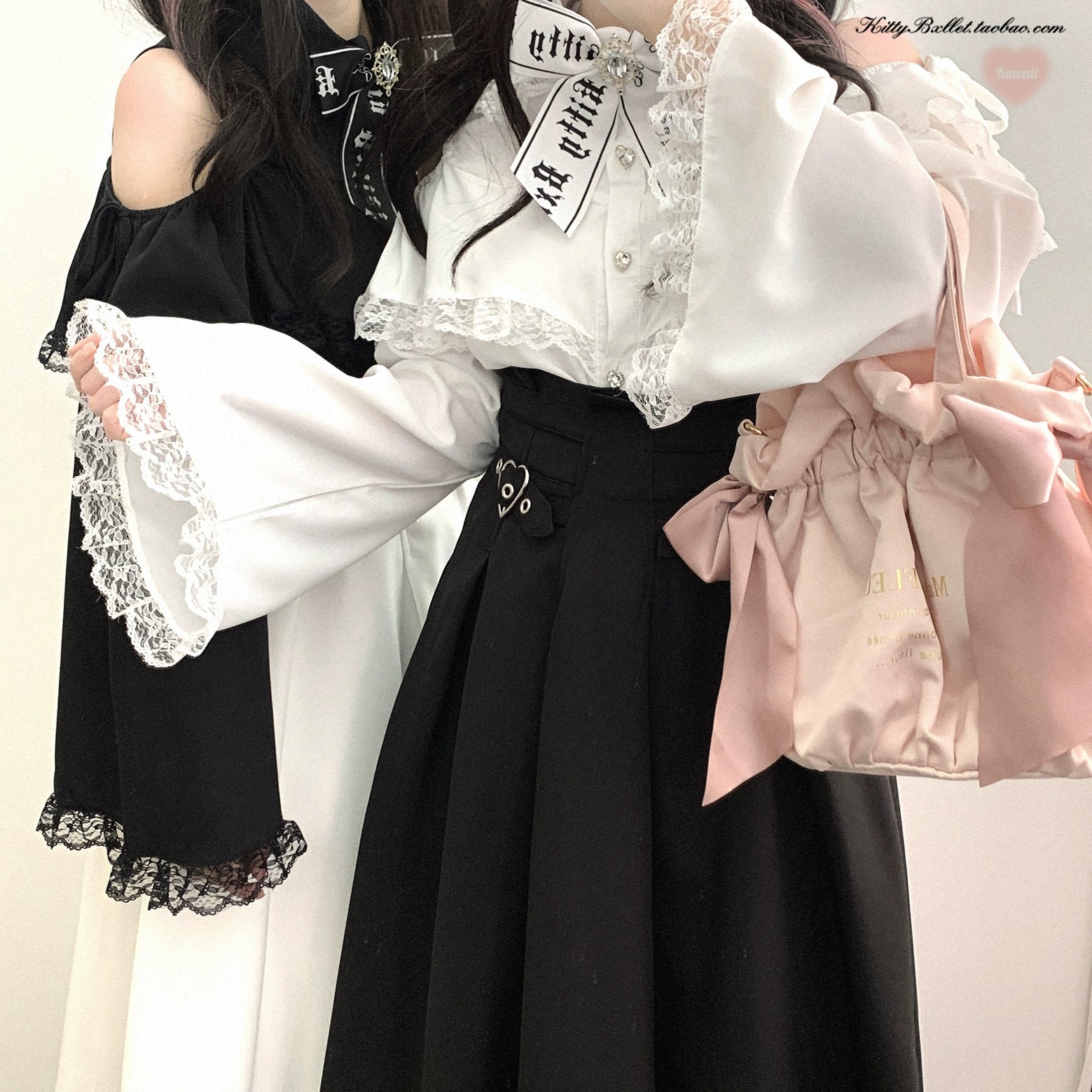 Side profile half-body view of Jirai Kei outfit displaying lace-trimmed off-shoulder sleeves, pink satin handbag, and heart buckle waist design