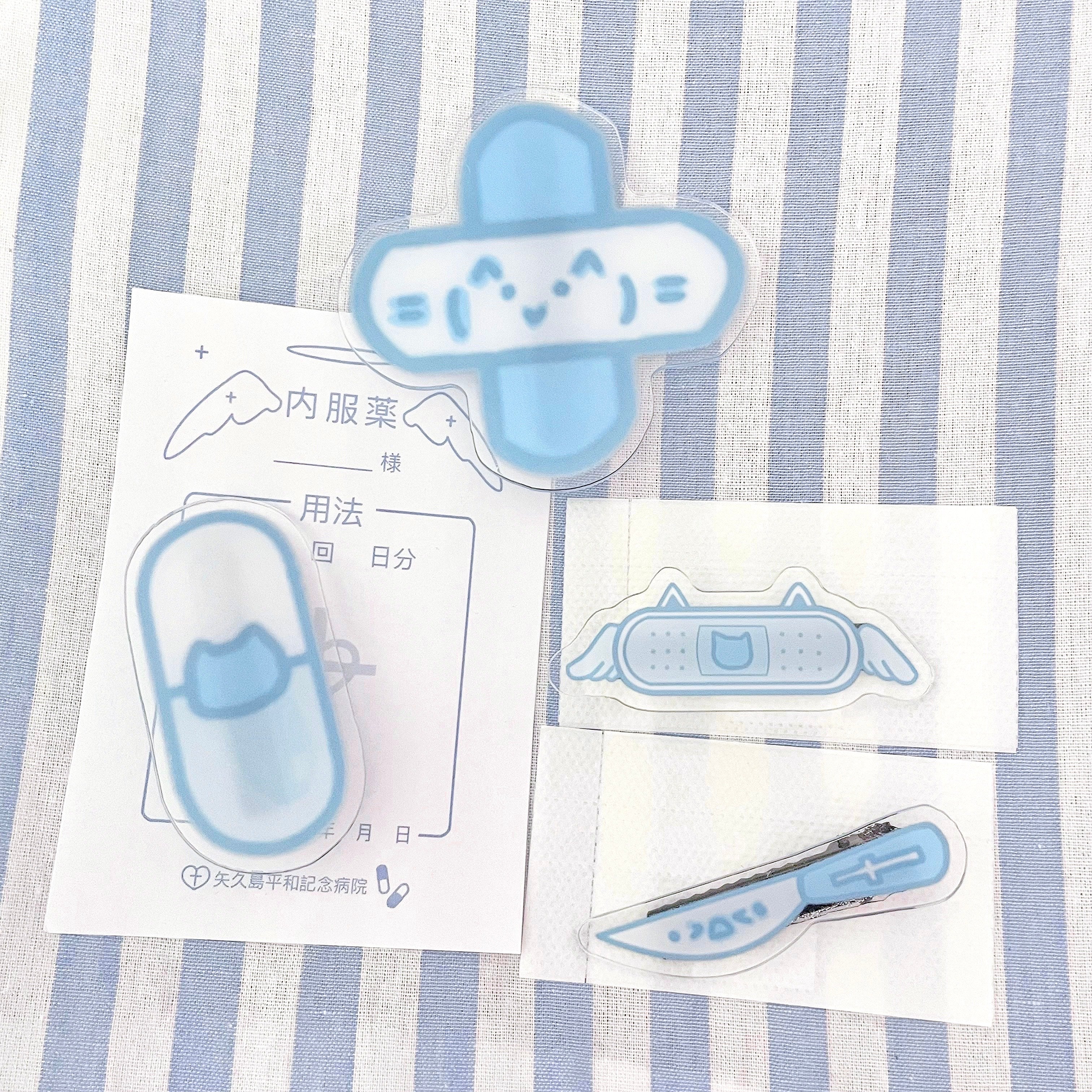 Tenshi Kaiwai Jirai Kei acrylic hair clips packaging and presentation with medical prescription aesthetic props