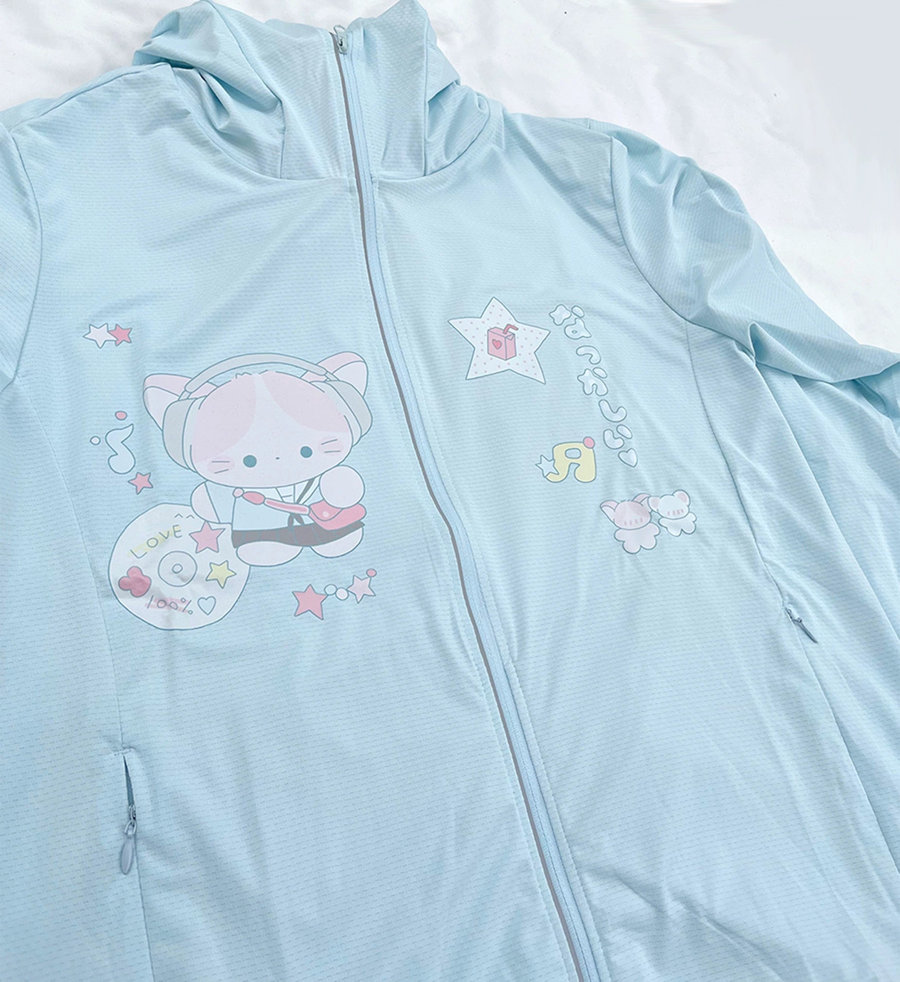Jirai kei water blue UV protection jacket with detachable hood brim, adorable cat and star cartoon prints, perfect for summer sun protection and jirai aesthetic