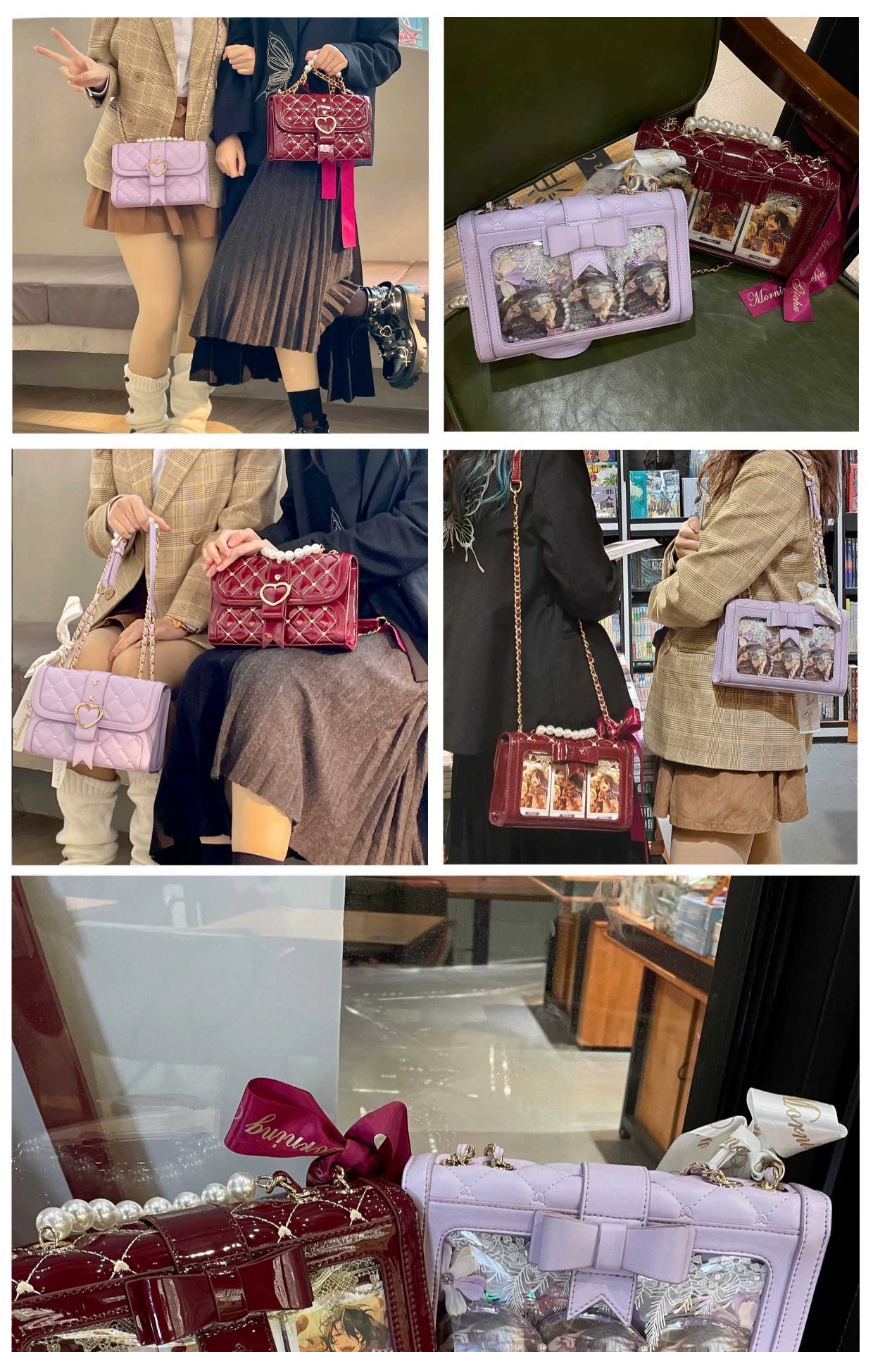 Assorted pastel jirai kei ita bags with multiple color options and heart lock feature displayed in indoor lifestyle setting
