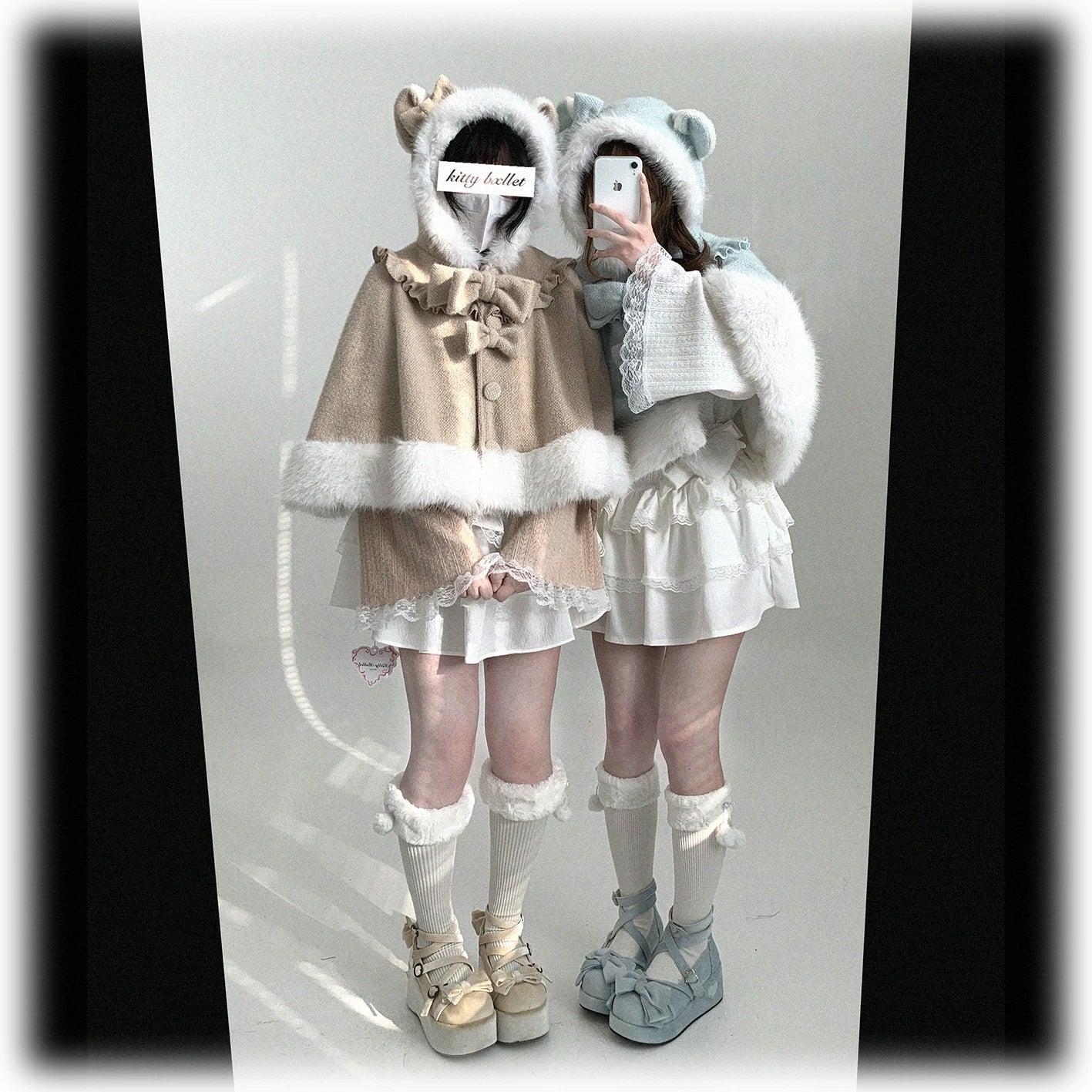 Side-by-side comparison of two cat-ear capes in khaki and light blue with white fuzzy trim, styled with matching ruffled lolita skirts