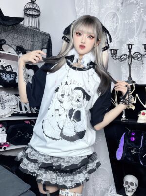 Jirai Kei raglan anime maid T-shirt black white full body front view on goth alt girl model dark room aesthetic