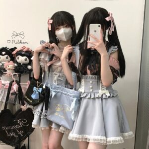 Jirai Kei suspender skirt front mirror selfie with twin girls wearing light blue ruffled skirt with white lace trim and heart-shaped buttons in bedroom with Sanrio plush toys