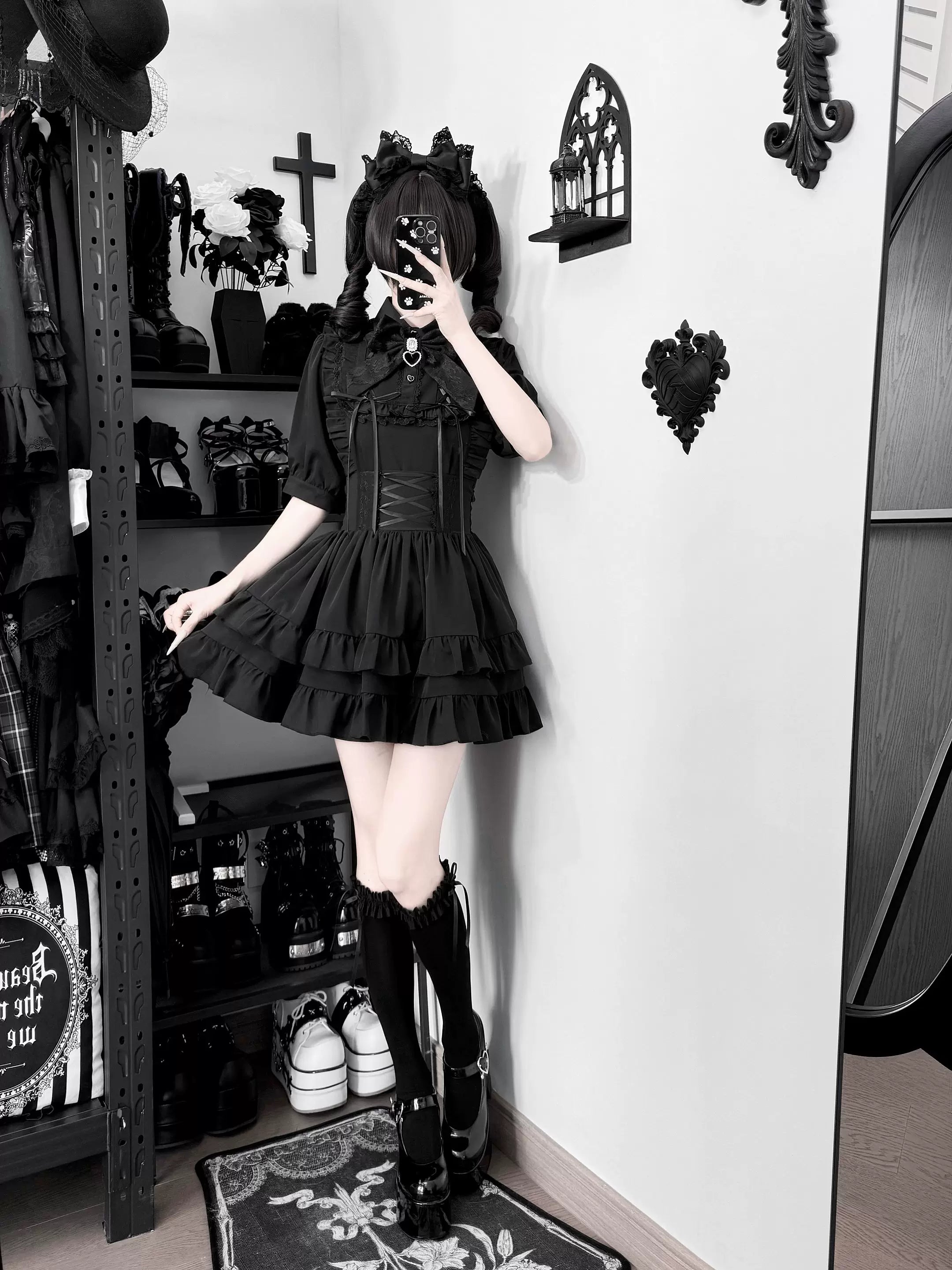 Complete Jirai Kei black two-piece outfit full body view with platform boots and twin ponytails styling