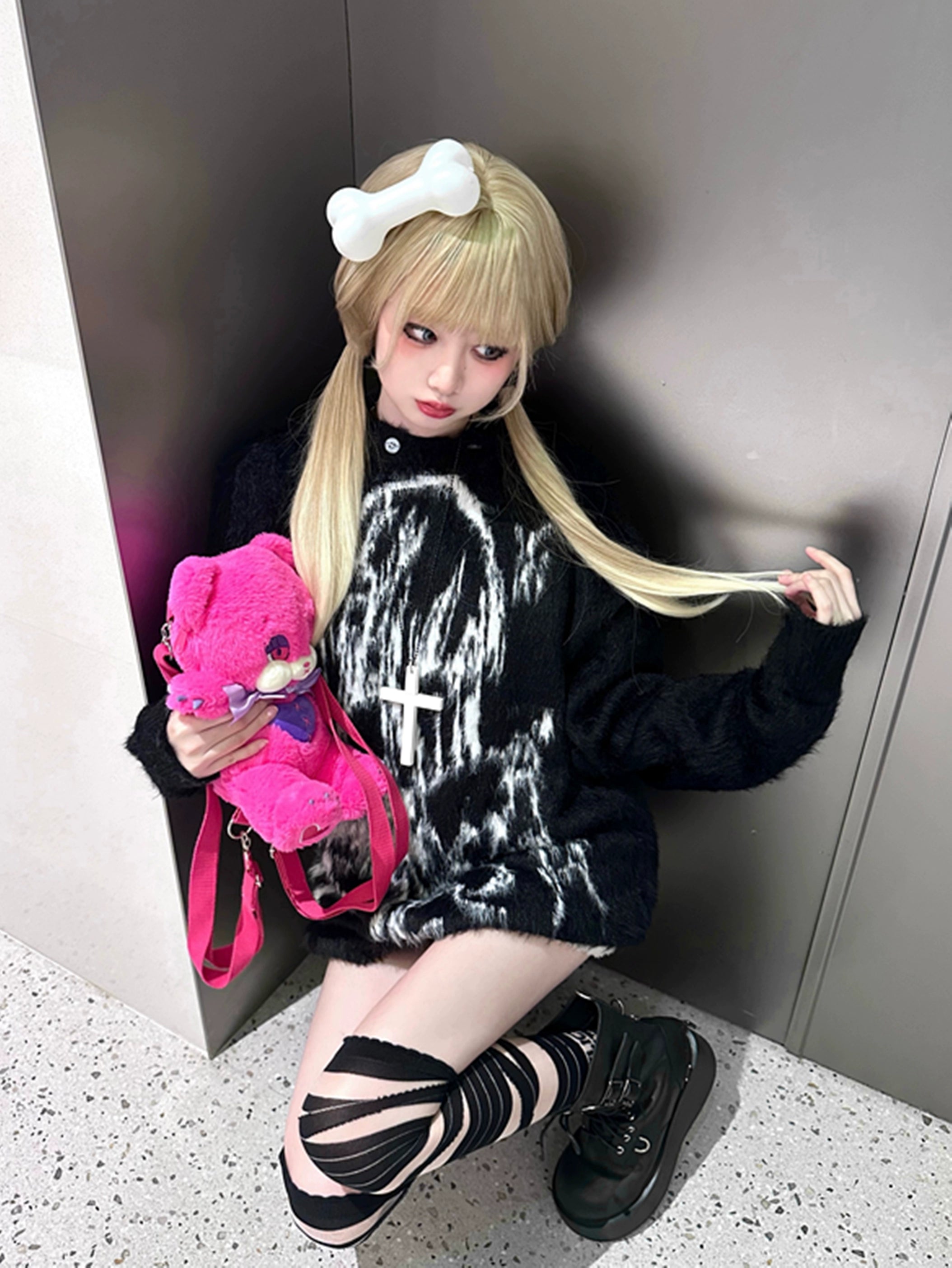 Jirai kei bunny ear wing sweater showing removable hood feature styled both attached and detached versatile wear options