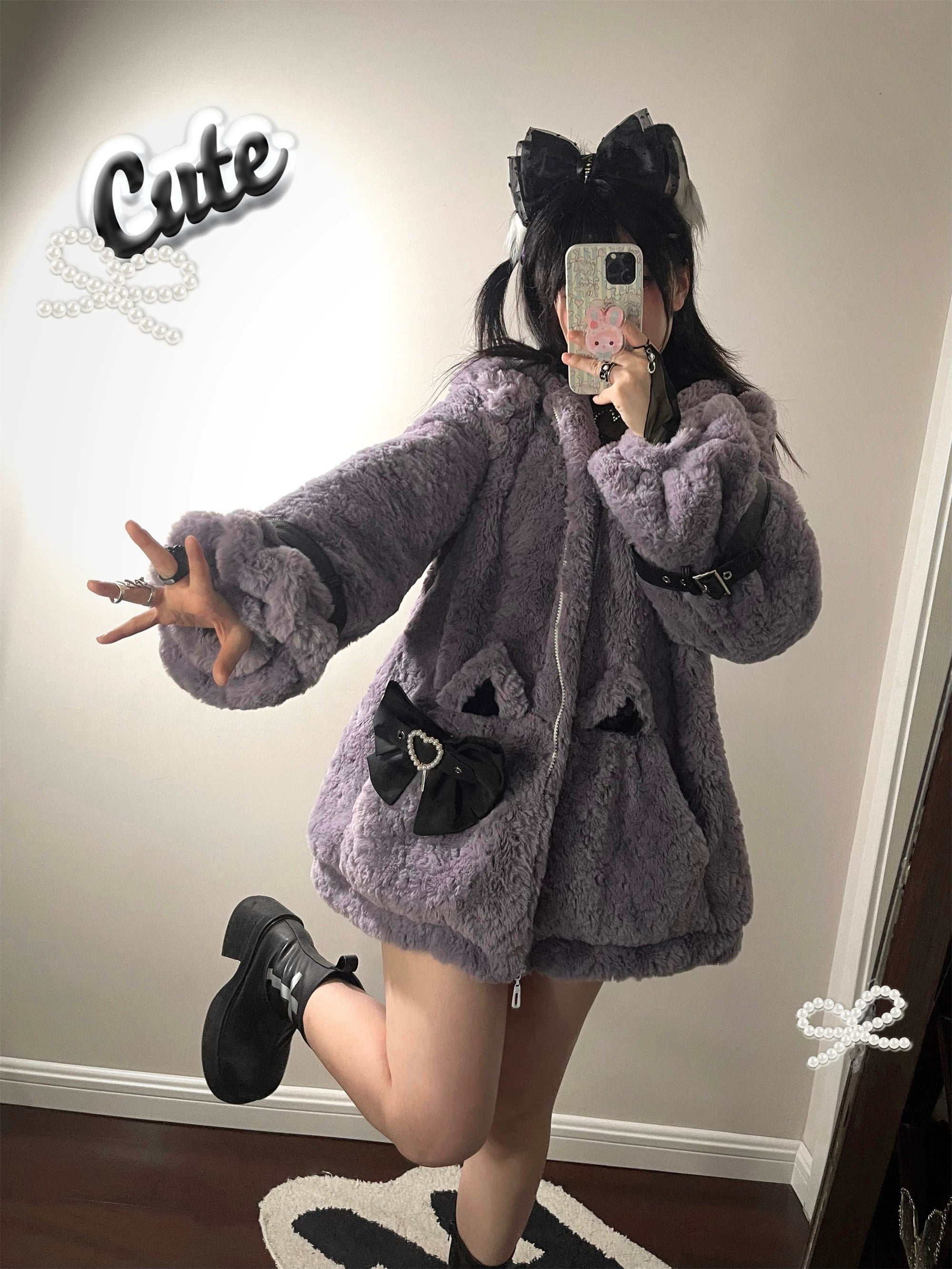 Jirai Kei cat ear fleece coat shoulder ruffles detail, showing decorative ruffle trim, fabric quality, and dimension-adding embellishment