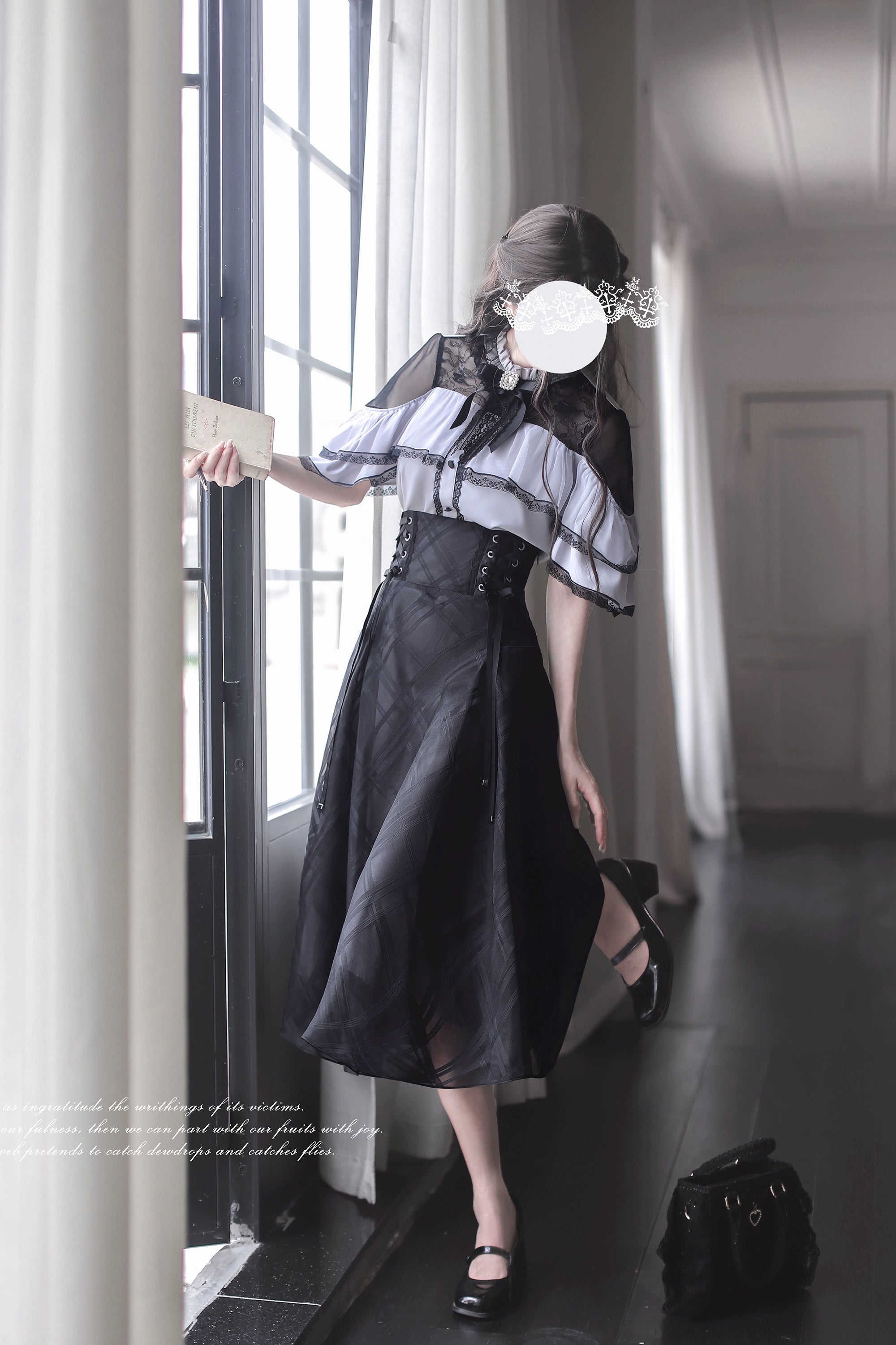 Jirai Kei two-piece set back side view holding notebook with black handbag, dark vintage window interior showcase rear silhouette and maxi skirt flow