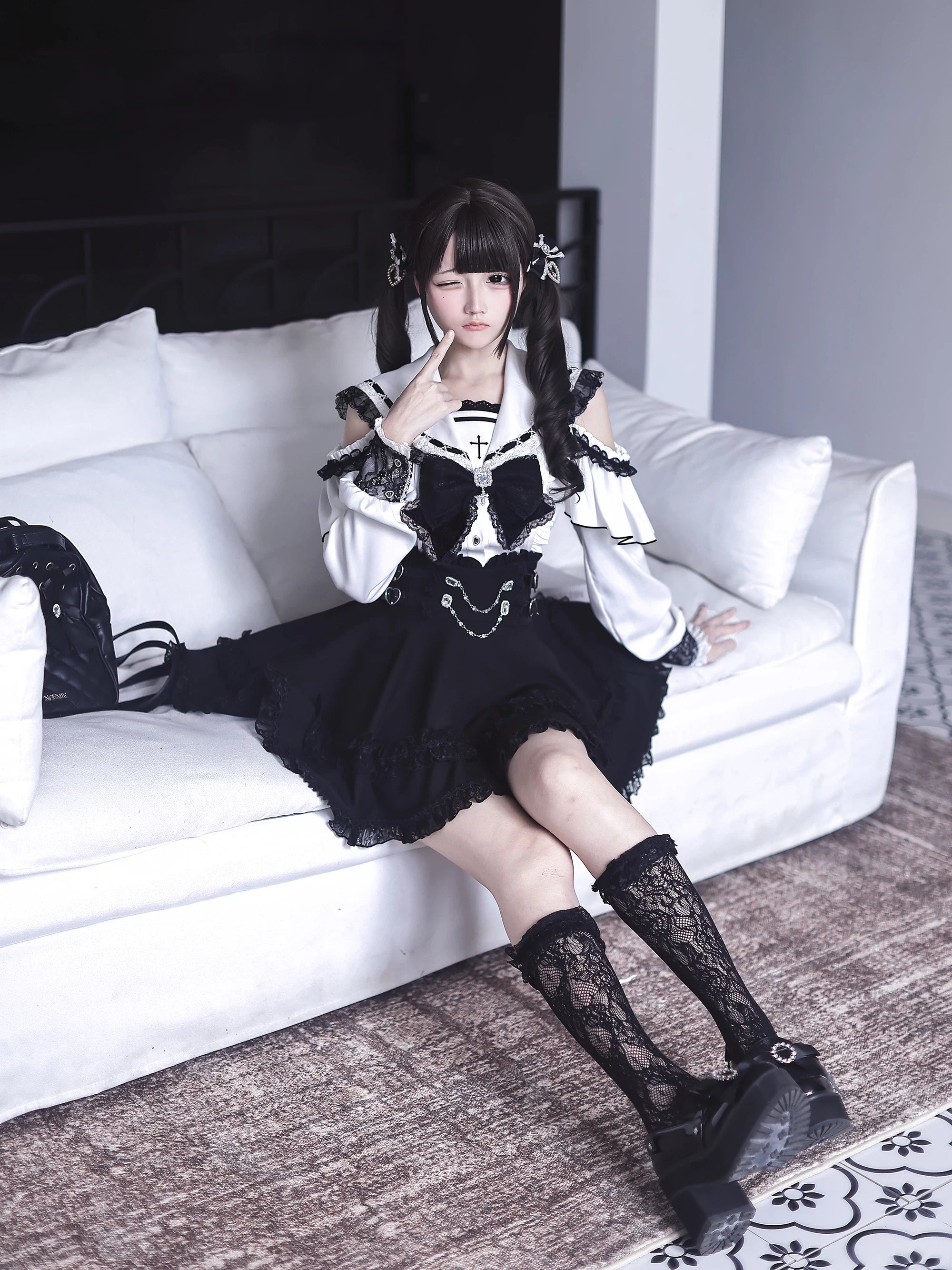 Detailed product photography of sailor collar Jirai Kei blouse and high-waist skirt set showing rhinestone embellishments and lace layers