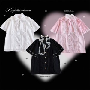 Three styles of Jirai Kei caped chiffon blouses flat lay overhead shot with heart decorations black background stand collar lace trim bow ties