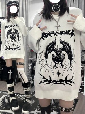 Oversized white bat embroidery sweater crew neck detail front close-up with circular face model cross necklace fashion