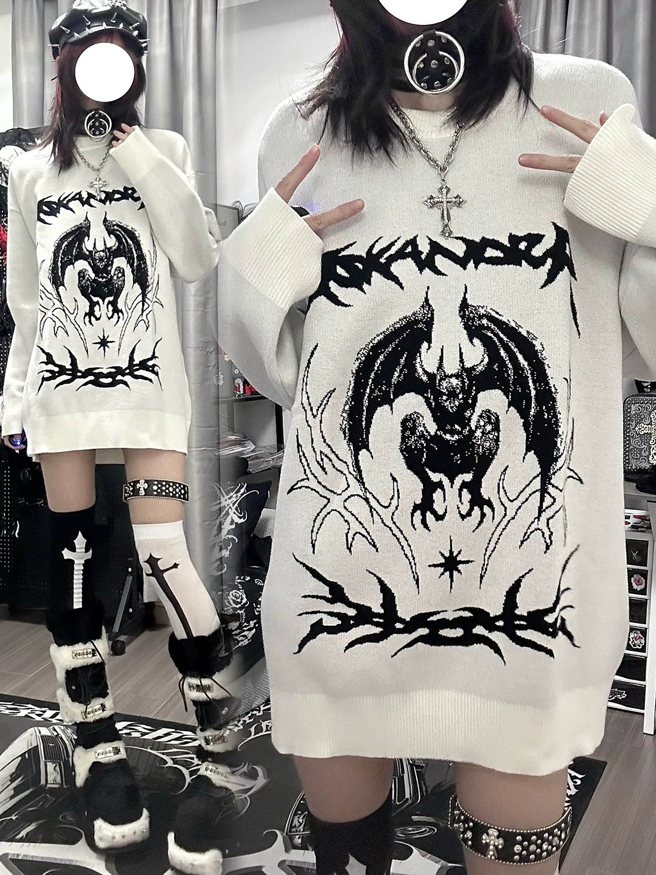 Oversized white bat embroidery sweater crew neck detail front close-up with circular face model cross necklace fashion