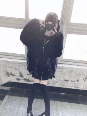 Black bunny ear hooded plush fleece coat front high-angle view jirai kei aesthetic oversized loose fit