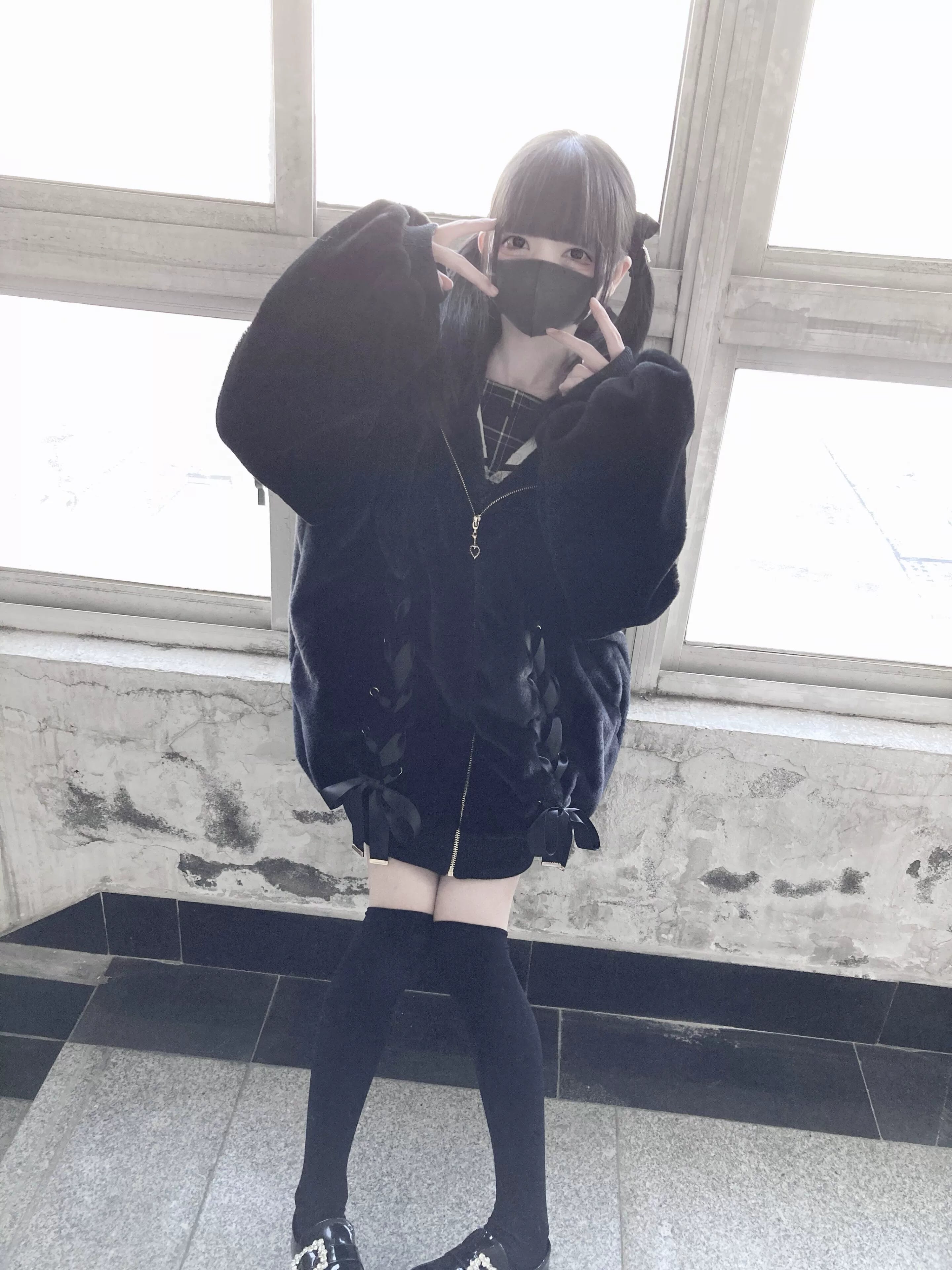 Black bunny ear hooded plush fleece coat front high-angle view jirai kei aesthetic oversized loose fit