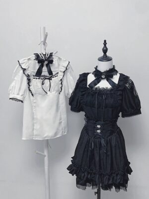 jirai-kei-white-ruffled-blouse-black-skirt-square-neckline-corset-waist-ensemble