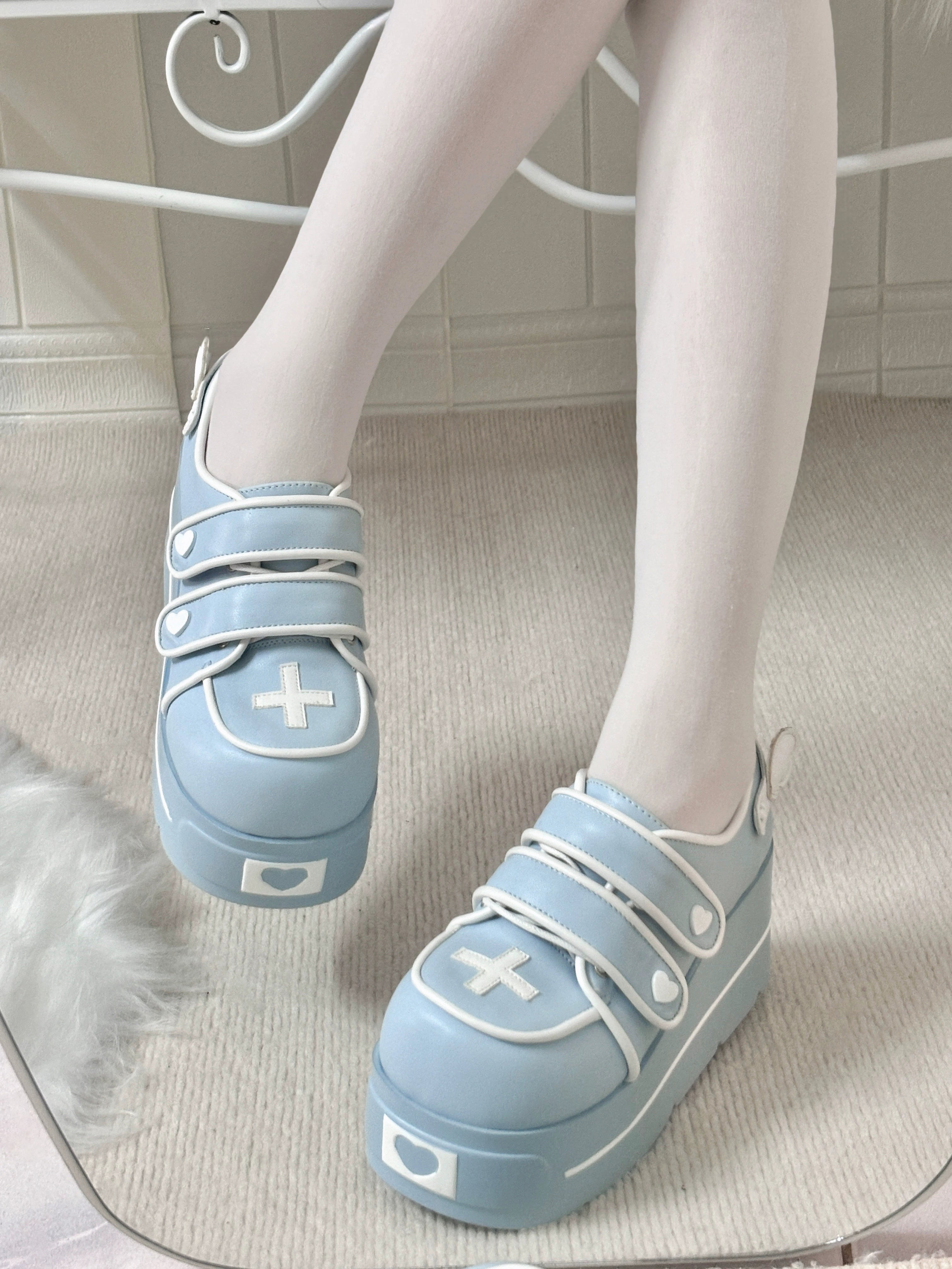 Light blue angel heart platform shoes worn first person view model white stockings chunky rounded sole cross decoration Tenshi aesthetic