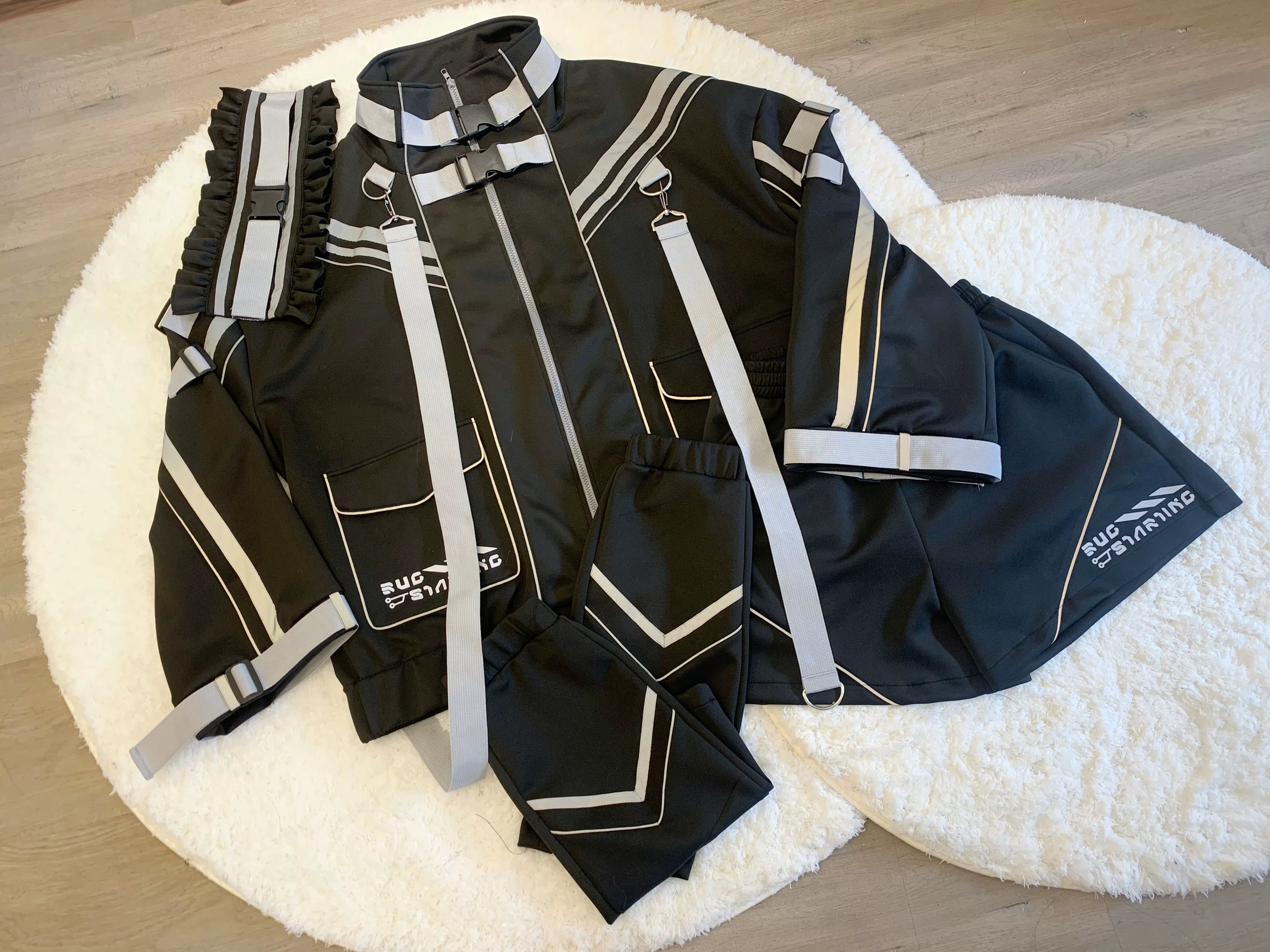 Black Jirai Kei oversized punk full jacket set with shorts unisex styling black leg warmers maid headwear coordination