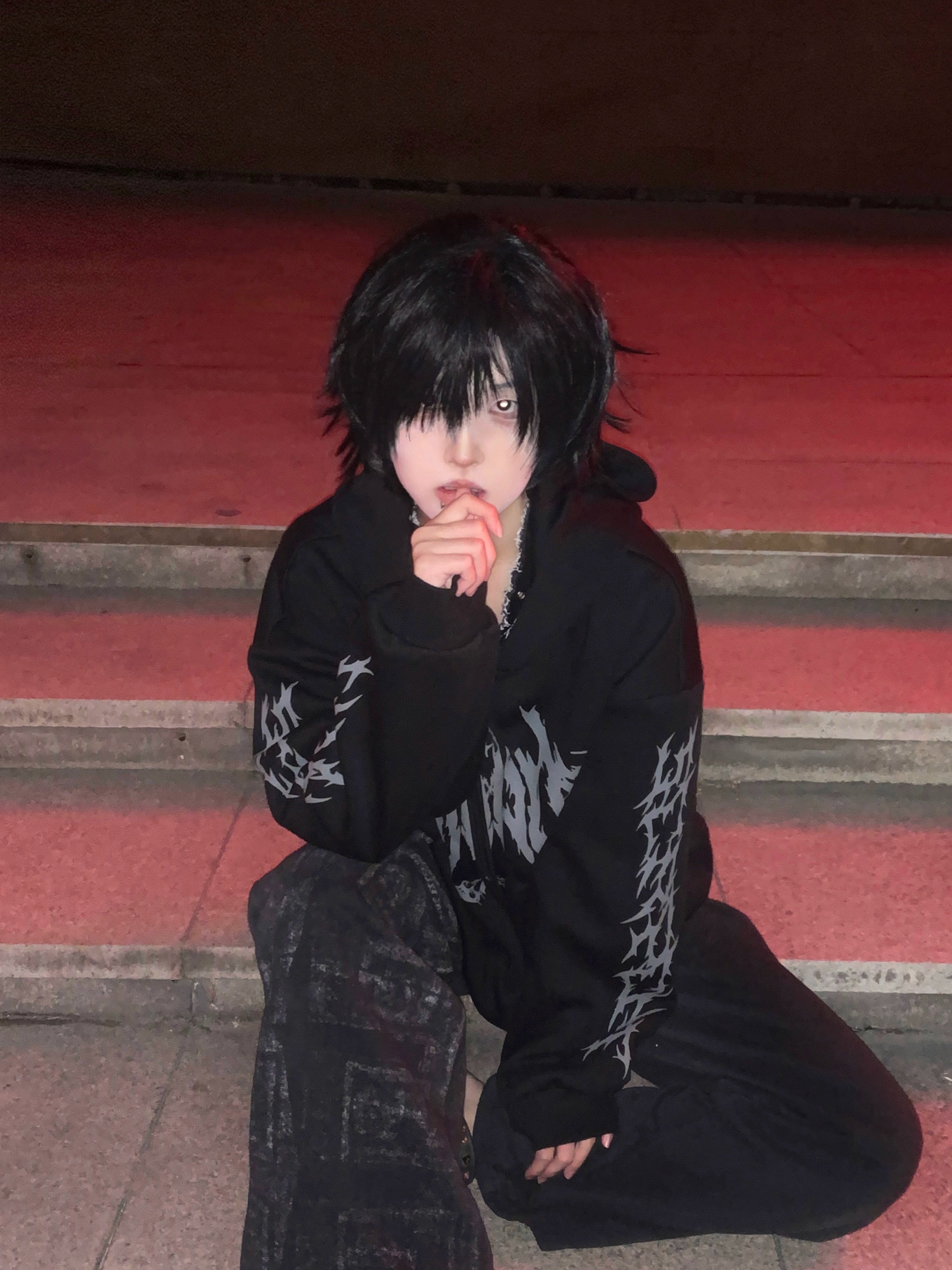 Multiple colorway variations of Jirai Kei hoodies displayed together, black white blue and grey ghost options, showcasing diverse punk goth design options