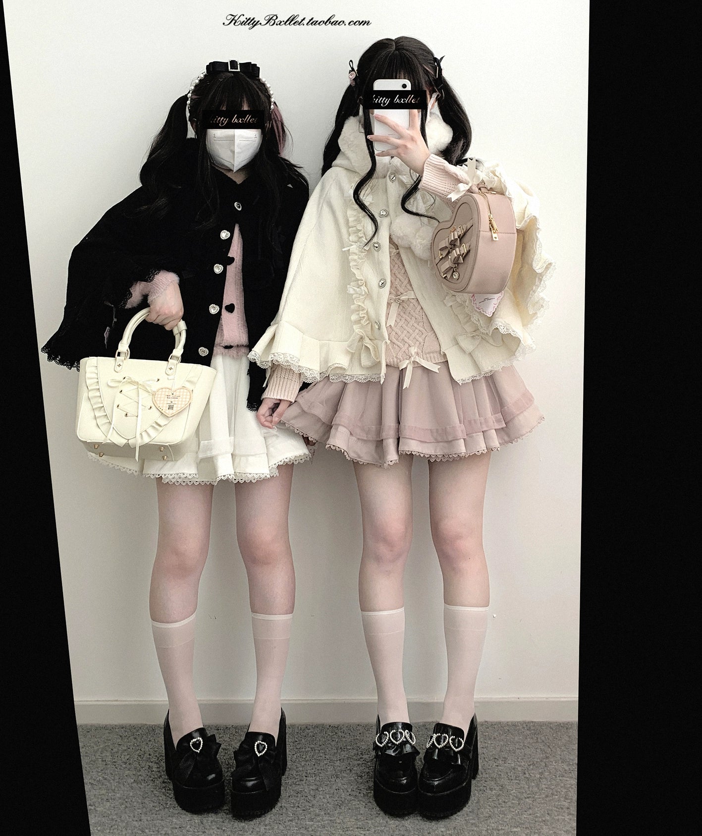 White and light pink tulle mini Jirai Kei skirts with rhinestone waistband details worn by two girls in black cream Jirai Kei fits with neutral tone outerwear and leather handbags