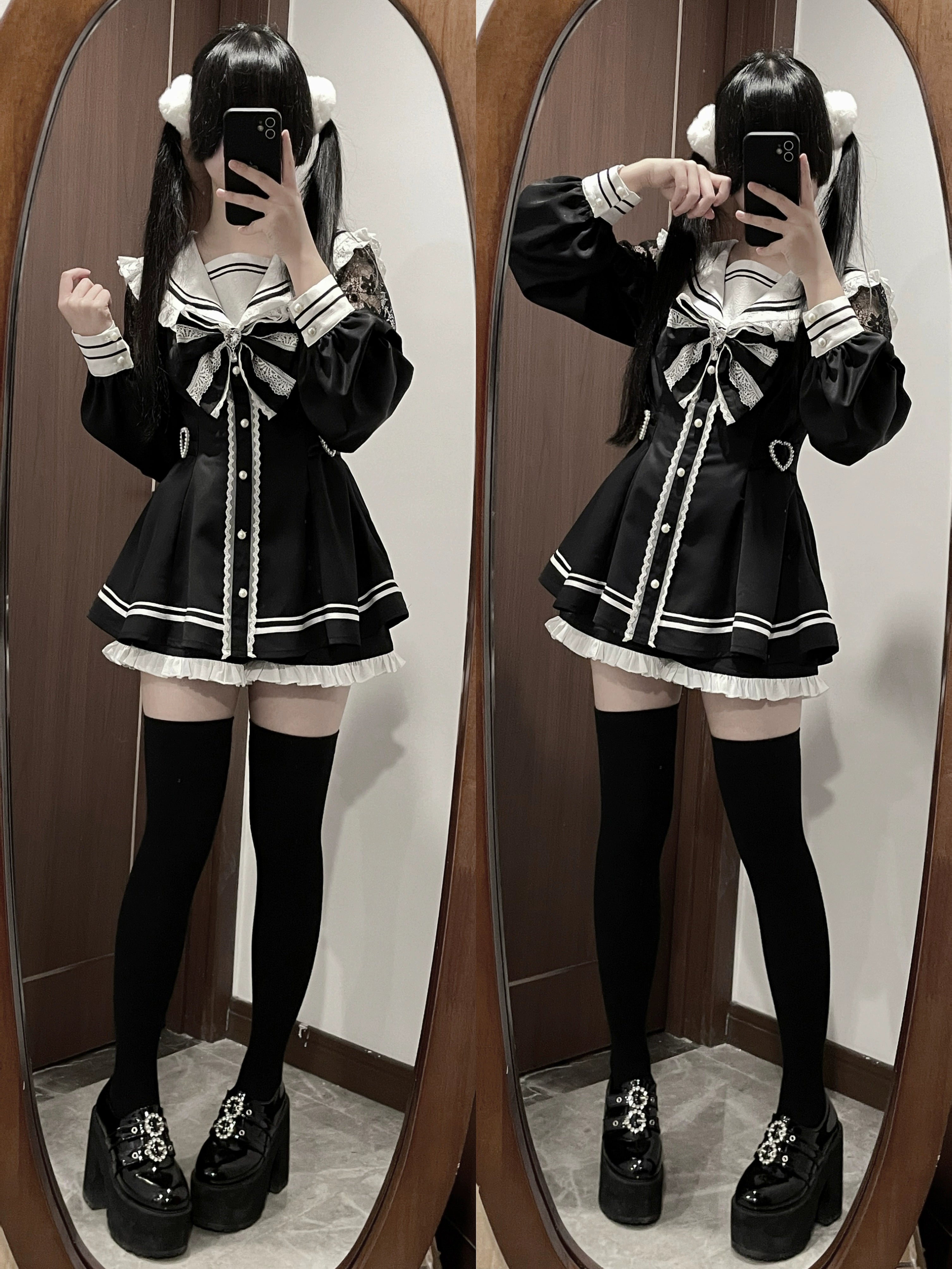 Black sailor Jirai Kei dress set twin tailed female models dual mirror selfie neutral standing pose in home