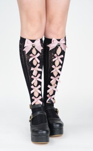 Black Jirai Kei lace bow mid-calf socks front view with pink ribbon bows hollow knit texture worn with black platform Mary Jane shoes