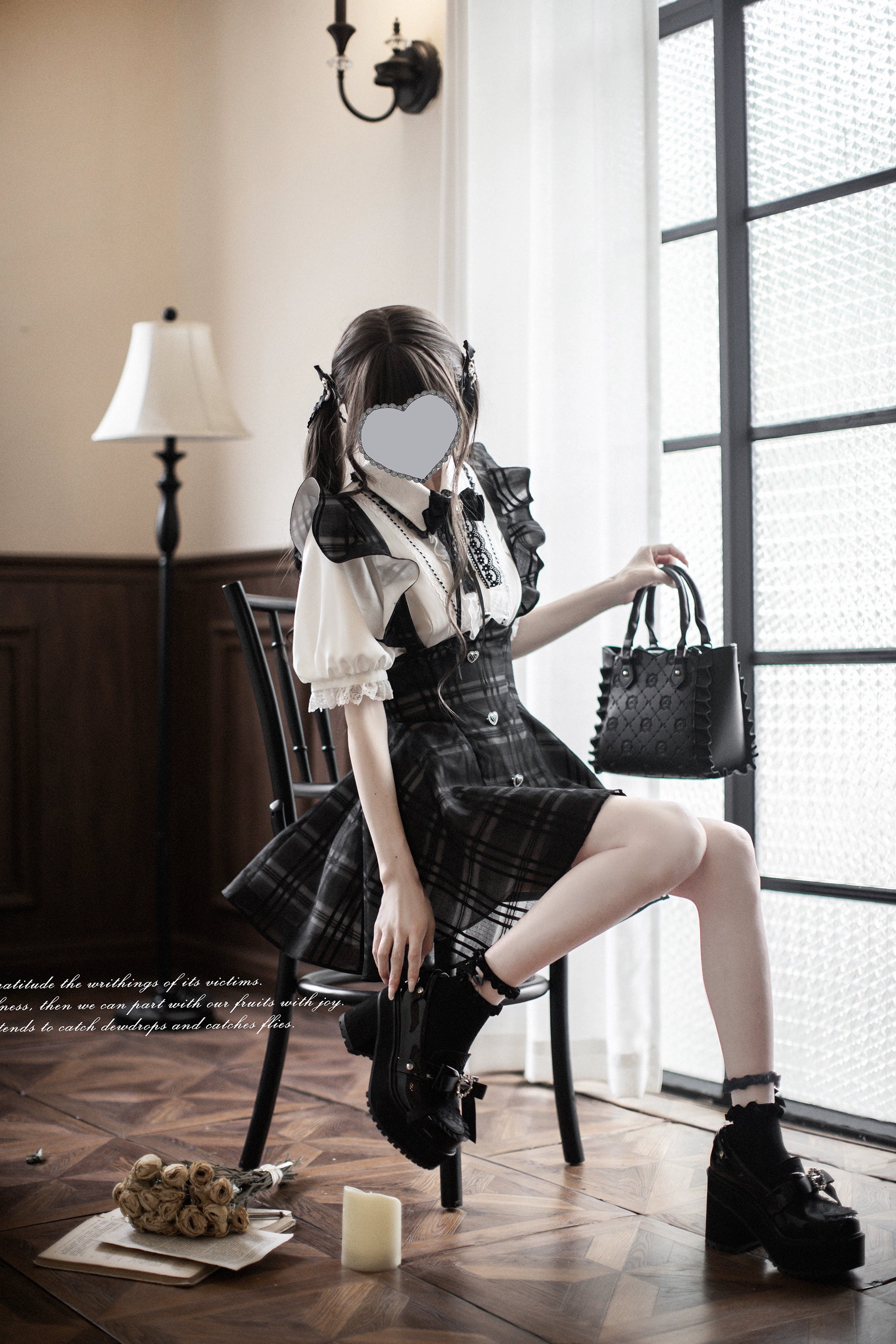 Black Plaid Jirai Kei Suspender Skirt, White Blouse - Image 18