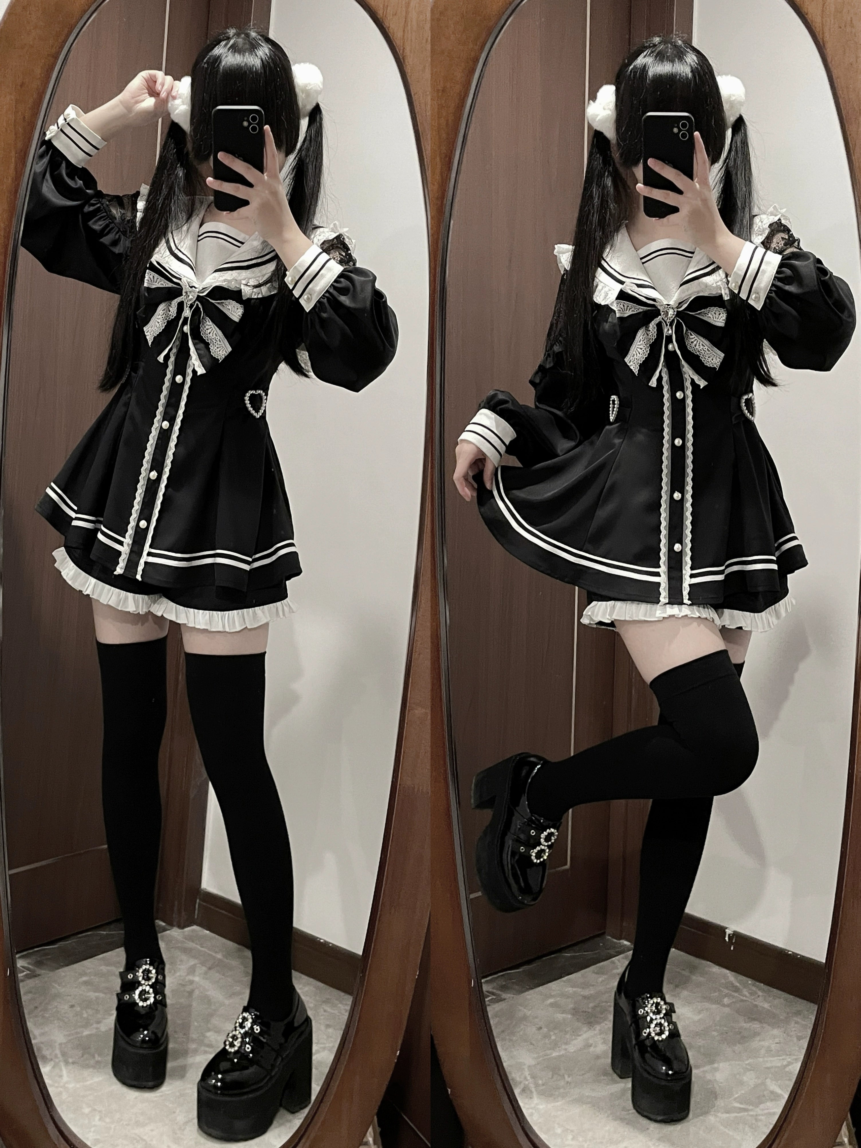 Black sailor Jirai Kei dress set twin tailed models mirror selfie in home fitting room standard silhouette